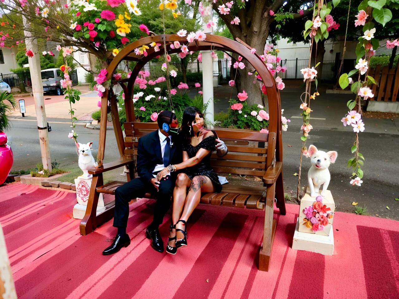 there is a man and woman sitting on a swing in a garden, they are in love, having a great time, smooth in _ the background, trending ，, taken in 2 0 2 0, 🤬 🤮 💕 🎀, edited, 🕹️ 😎 🔫 🤖 🚬, very very low quality picture, everyone having fun, high picture quality