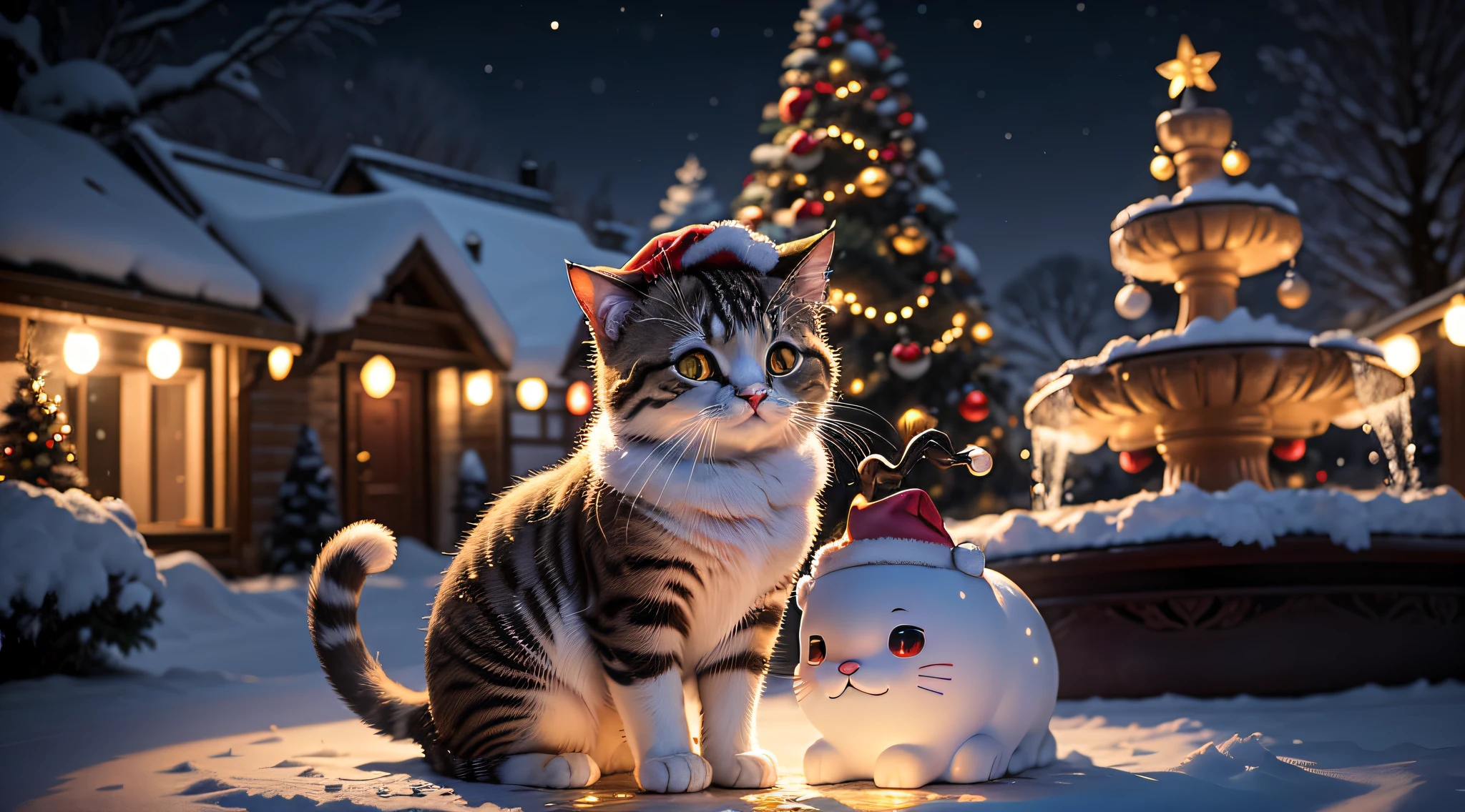 Cute Christmas cat with round eyes wearing a Santa Claus hat, aura da noite, Fonte do jardim, Mica, Bokeh, linda cidade de inverno, efeito de espelho, Volumetric lighting