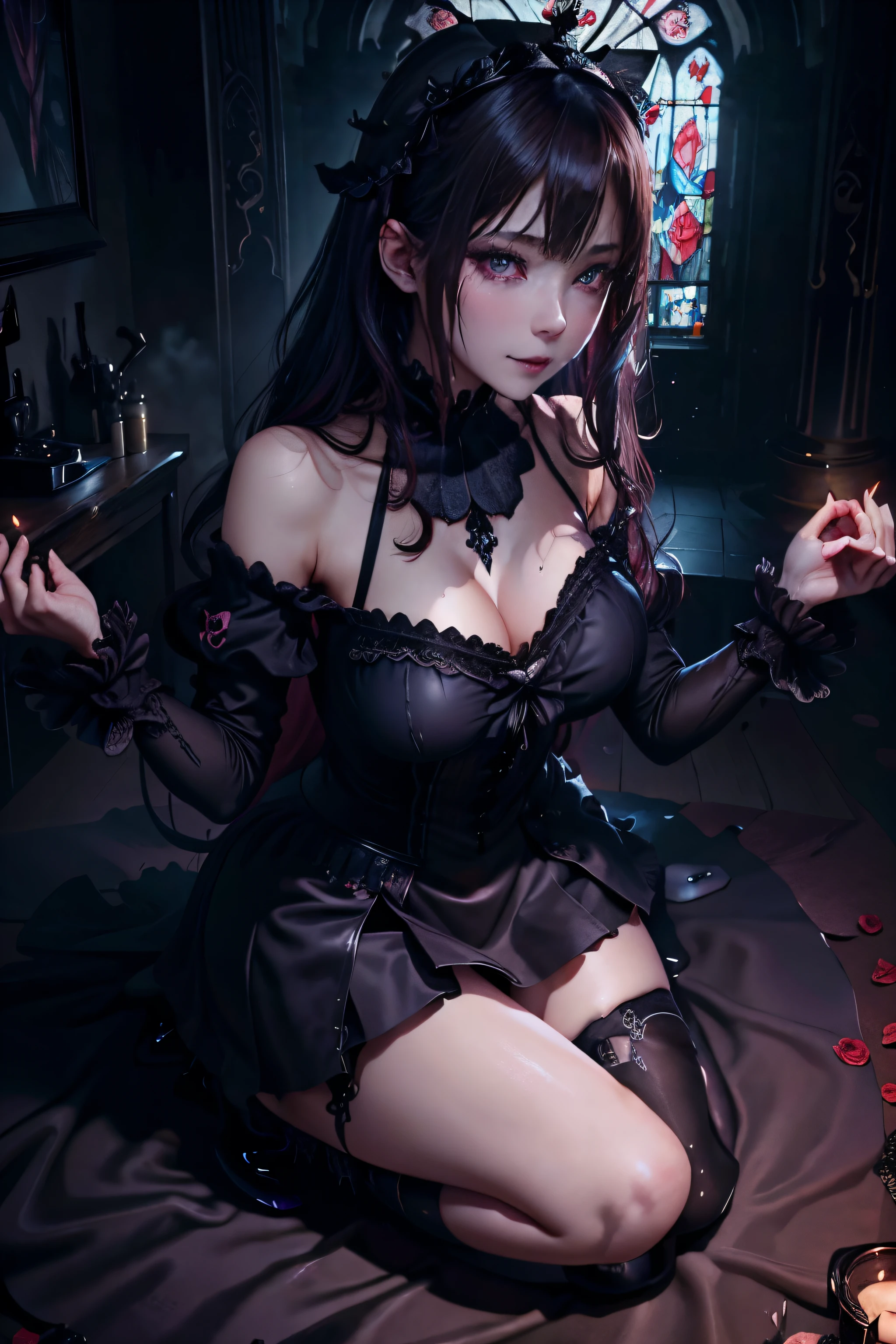 Hard Dark Gothic Makeup、Maniacal、Deep night sky、horor、Black Dark Eyeshadow、crying how bright、mourn、Good skin luster、Long hair straight hair、Dark Gothic Makeup、Dark smile、Restless Palace、Expressions of sexual arousal、Fragrant beauty、22year old、Lying、seductiv、Strong sexual pleasure facial expressions、A look of shame、Dark Gothic、Gothic ta、bell sleeves、Wizard Sleeve、Obscene look、Stained glass background、masutepiece、Best Quality、Refers to 5 books、Sweat glitters on my chest、Expression of sexual pleasure in anguish、Drunken face、maid clothes、Mysterious、noble、Face holding back the toilet、flirty gothic lolithes、the body is wet and shiny、Transcendent sex appeal、Lots of glitter on the thighs、I'm sweating a lot、Affectionate smile、twin-tail hair、my thighs are so wet、jet black ruffle skirt、Shaded、right blue eye, left eye is red、Gothic bed covered with roses、Transcendent Bewitching Pose、all fours pose、Gravure photography、Arch the back、stick out buttocks、Sleep with your eyes closed、Pose、Crawling on all fours、Posing on the bed、knee high socks、thigh-high socks、A lot of sweat and stickiness on the thighs、Plenty of plump, shiny thighs、Sweat shining generously on the thighs、The whole body is shiny with sweat、Glamour、A sexy、platform heel shoes、Quite sweaty、My thighs are sweaty、mysterious dark makeup、breast size modest、black lipstick、Heavy dark gothic long dress、dark pink hair、stain glass、black metal world、sloppily open your legs、