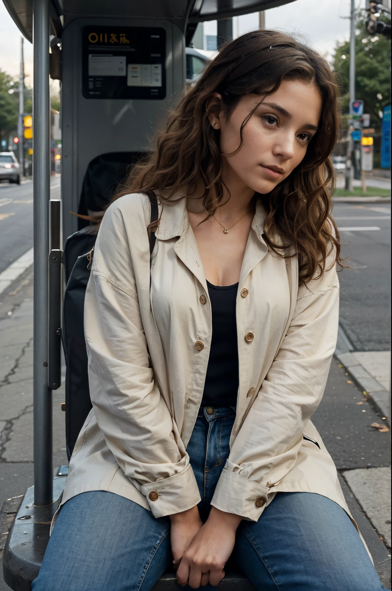 Generate an image of Gabrielle, a contemplative and elegant individual, seated at a bus stop. Envision her with her super curly hair gracefully framing her face, maintaining the timeless beauty that defines her. Dress Gabrielle in a chic yet casual outfit, perhaps a stylish jacket and comfortable jeans. Capture the soft natural light illuminating the scene, highlighting the subtle details of her features. Convey a sense of anticipation and quiet introspection as Gabrielle waits at the bus stop, creating a moment that blends urban sophistication with the simplicity of everyday life.