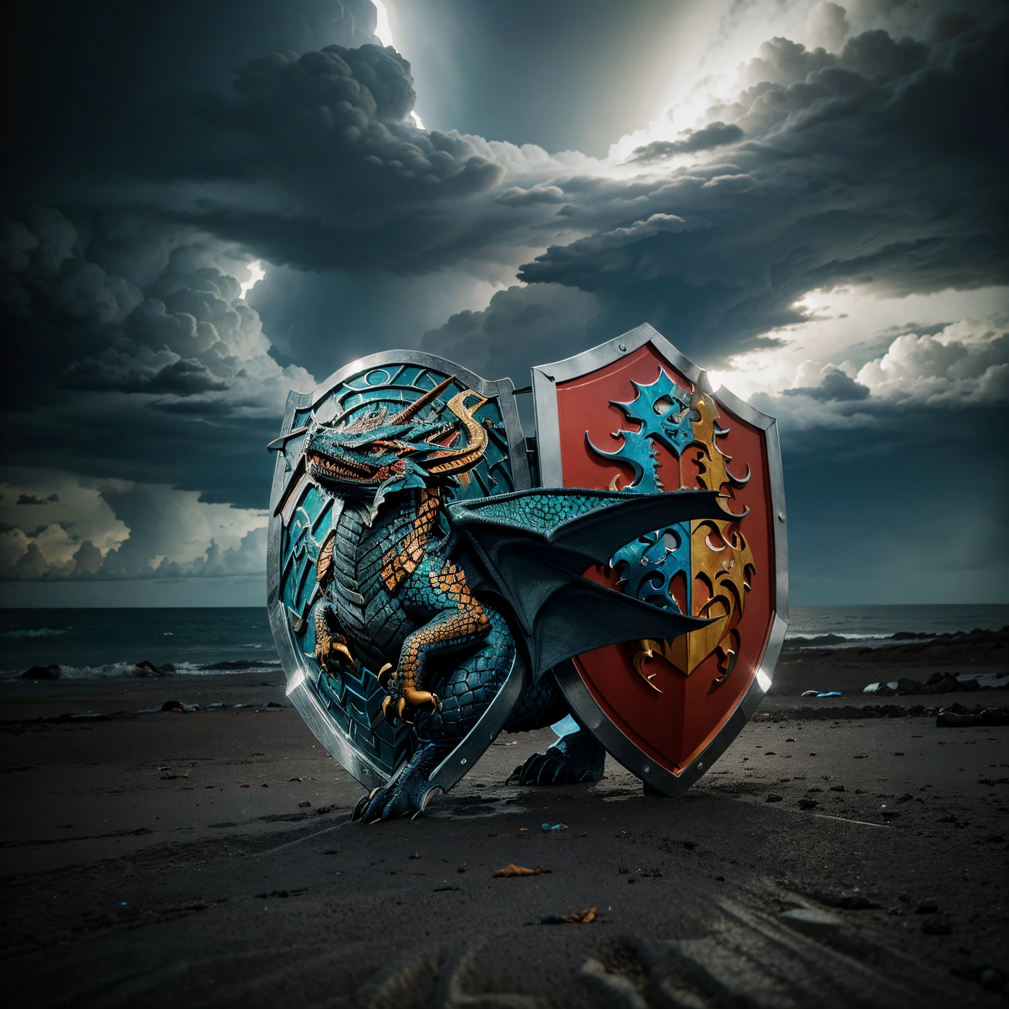 /imagine prompt: Illustration of the magic shield with a dragon for a sticker with a background with a storm with thunder, em negrito estilo de contorno, bordas irregulares, lixo, sombreamento claro --v 5.2