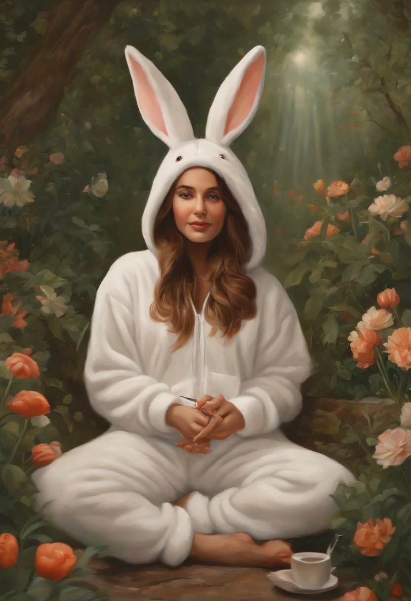 A picture of a person in a rabbit onesie, hosting a rabbit-themed painting session at an outdoor art studio,original,I love rabbit., female