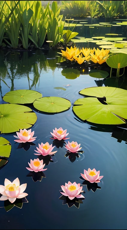 Reflections in a Lotus Pond: A peaceful pond reflecting the vibrant colors of lotus flowers.