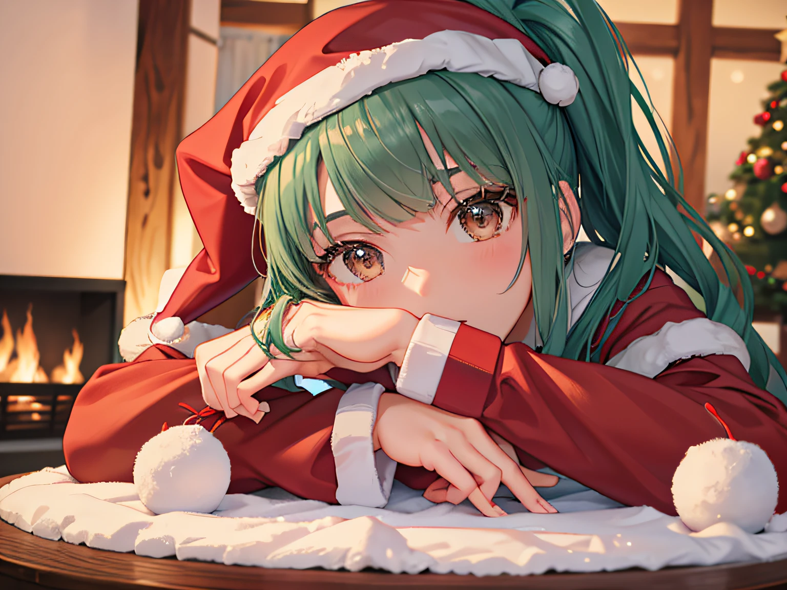 top-quality、​masterpiece、Super Detail、1girl in、Yubari, with a ponytail、With bangs、eyes are brown、Green hair、small tits、Santa Claus hat、Long sleeve、Santa Claus clothes、velor fabric、knee-length velor skirt、red and white striped socks）、（Winters、Inside a log cabin、fireplace、Christmas Dinner）、Christmas tree、a lot of、A tiny、Christmas present、Stuffed reindeer、Christmas Wreath、christmas decorated interior、