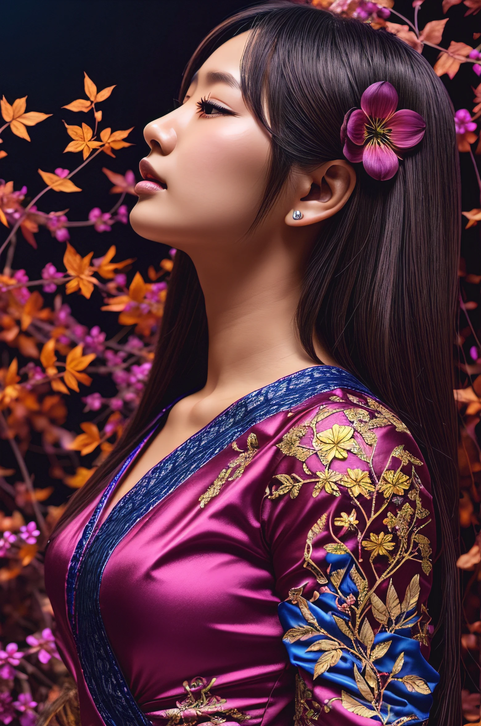 [ photos realistic ]!!, krystal, profile of anime girl, closeup Iwakura Lain, sakimichan, in a sunny day, ulzzangs, chiho, Photography, bae suzy, advertisement picture, (1girl in),complex image [Balinese woman in kebaya with flowing songket cloth], [Blue] Leaves and [pink and violet] flower vine background. Works of beauty and complexity. Ultra-detailed features. fantasy-inspired. Shining fractal glass elements. Dynamic Pose. Amber glow. flowercore. At night