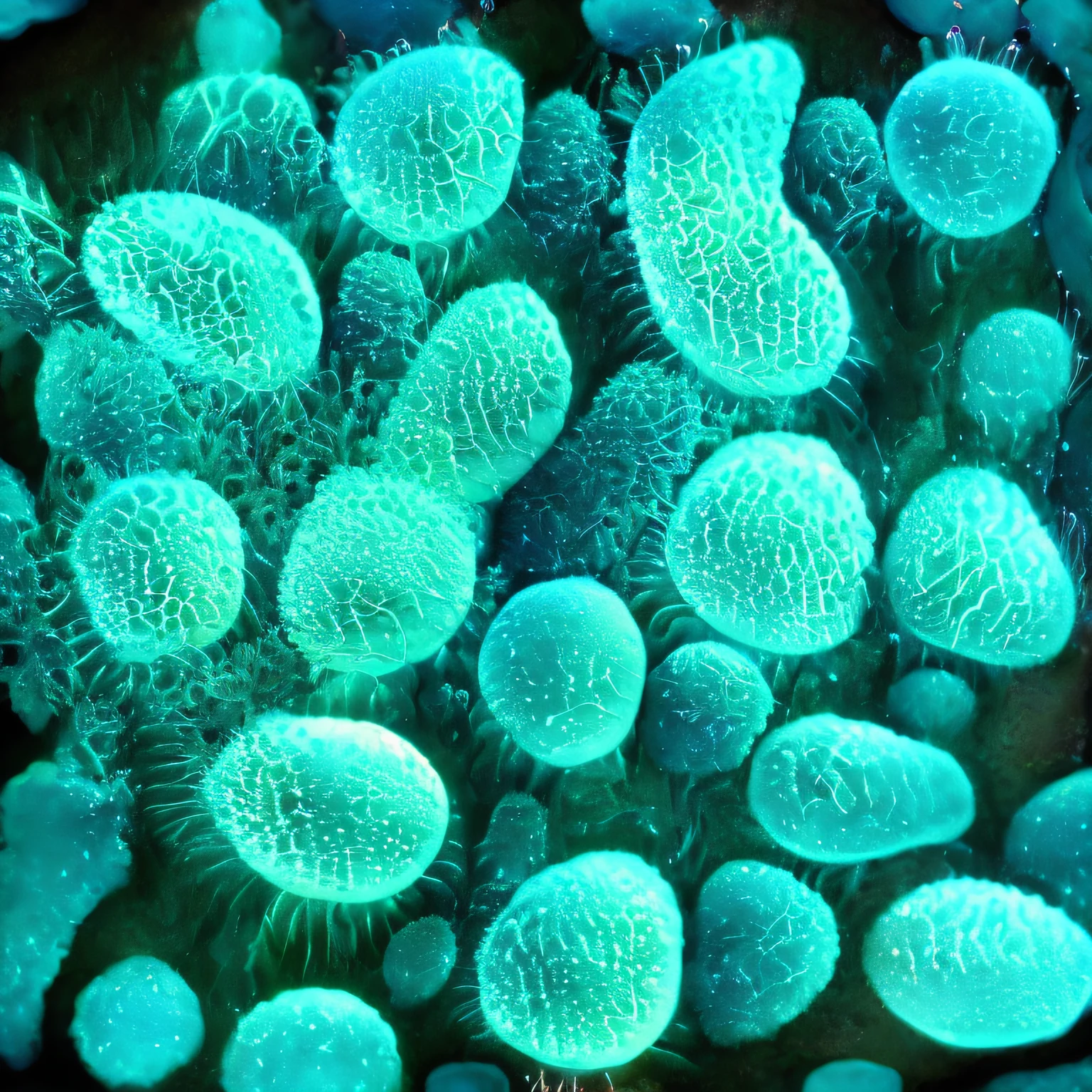 close-up of a bouquet of green plants with small leaves, soft bioluminescent membranes, Glowing spores fly, emitting atomic neon corals, microscopic photo, harmony neon glowing coral, neon bioluminescence, microscopic photo, Bioluminescent surfaces, microorganisms, Soft iridescent membranes