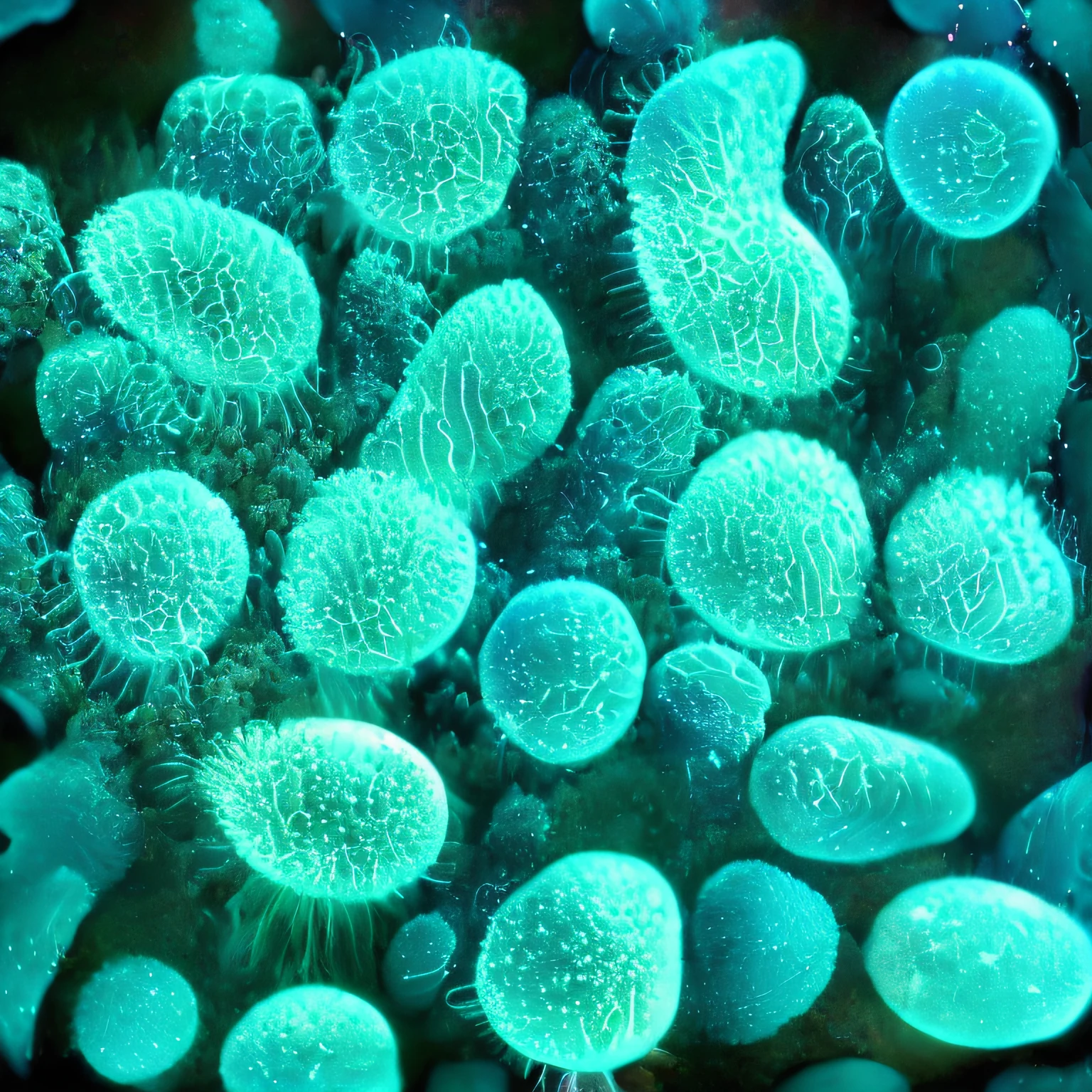 close-up of a bouquet of green plants with small leaves, soft bioluminescent membranes, Glowing spores fly, emitting atomic neon corals, microscopic photo, harmony neon glowing coral, neon bioluminescence, microscopic photo, Bioluminescent surfaces, microorganisms, Soft iridescent membranes