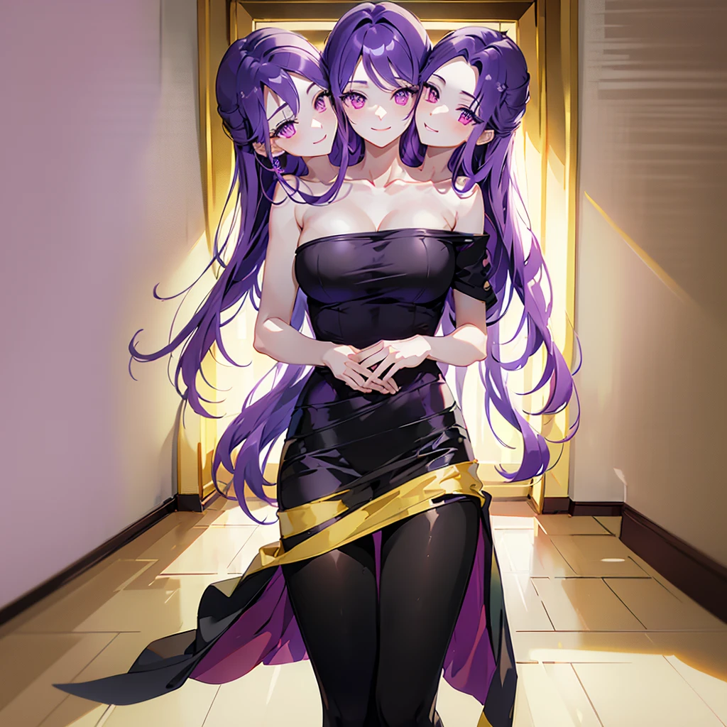 (masterpiece, best quality), best resolution, (3heads:1.5), 1girl, purple hair, long hair, violet pink eyes, different facial expressions, smiling, black pants, purple t-shirt, in a apartment, city skyline, casual wear