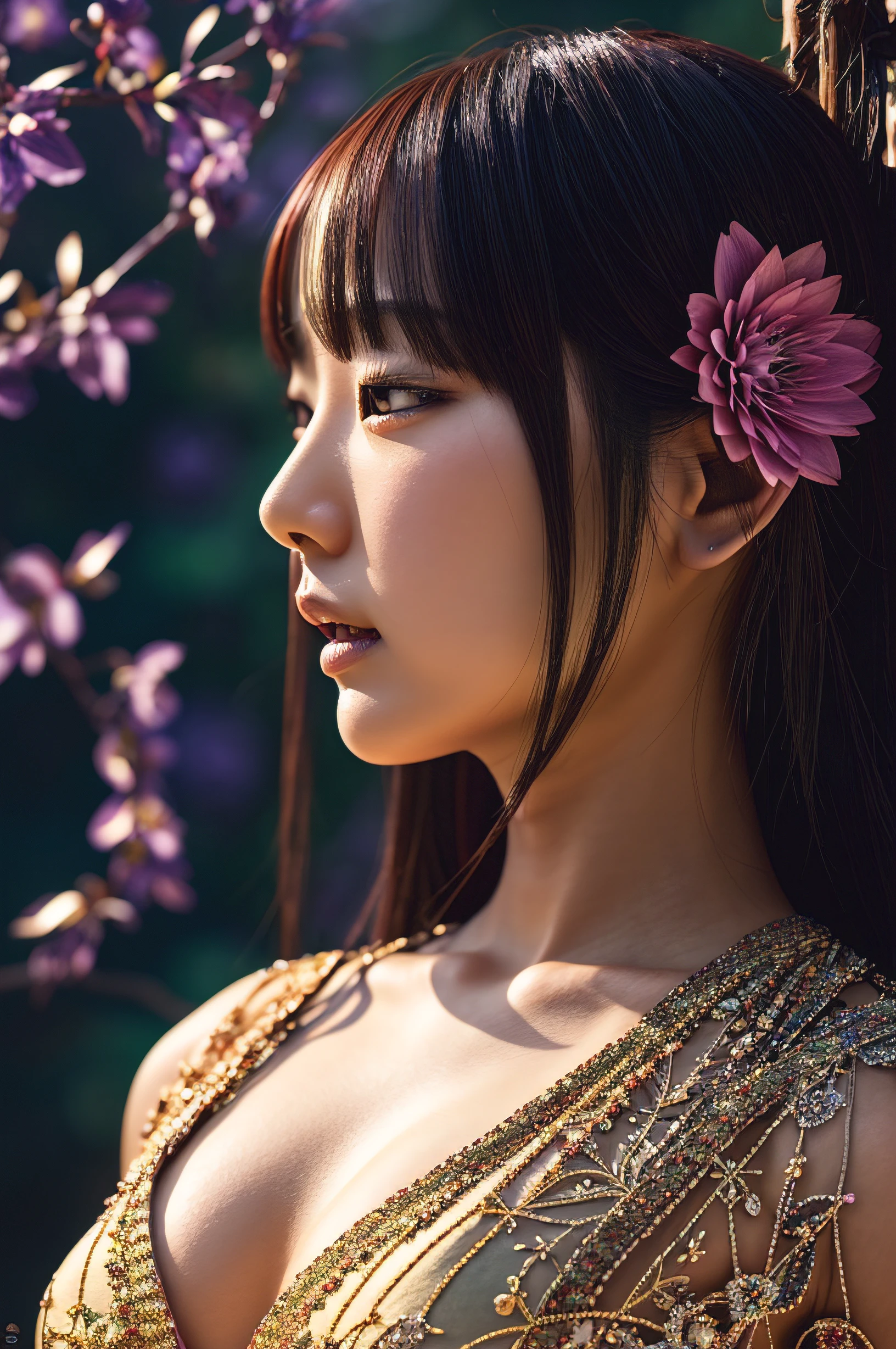 [ photos realistic ]!!, krystal, profile of anime girl, closeup Iwakura Lain, sakimichan, in a sunny day, ulzzangs, chiho, Photography, bae suzy, advertisement picture, (1girl in),complex image [Balinese woman in kebaya with flowing songket cloth], [Blue] Leaves and [pink and violet] flower vine background. Works of beauty and complexity. Ultra-detailed features. fantasy-inspired. Shining fractal glass elements. Dynamic Pose. Amber glow. flowercore. At night