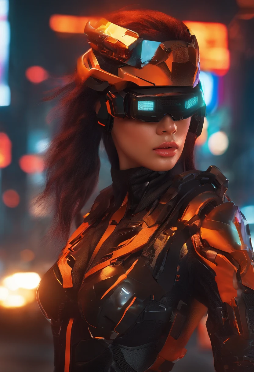(tmasterpiece), Best quality at best, Expressive eyes, s the perfect face, perfect sexy body, with perfect arms, Perfect legs, Perfect hand 4k quality shot of female tech soldier wearing black and red tech costume in sexy pose on battlefield, At war, With mechs (Up) (armored core) Mechas flying over the battlefield, (Action sequence,) in a (fighting scene) Wearing an all-black jumpsuit and black high heels、High-tech hooded woman in orange visor and black mask costume. Camera is medium shot, Wide angle using anamorphic lenses, The background is a super futuristic high-tech city, There are buildings exploding and burning in the background, empty, Super sharp 8K high image quality, cinematic ligh, Japanese cartoon, shootout, Large-scale battles, army, binh, Multiple soldiers fight on the battlefield of the future, Large scale war background, military vehicle
