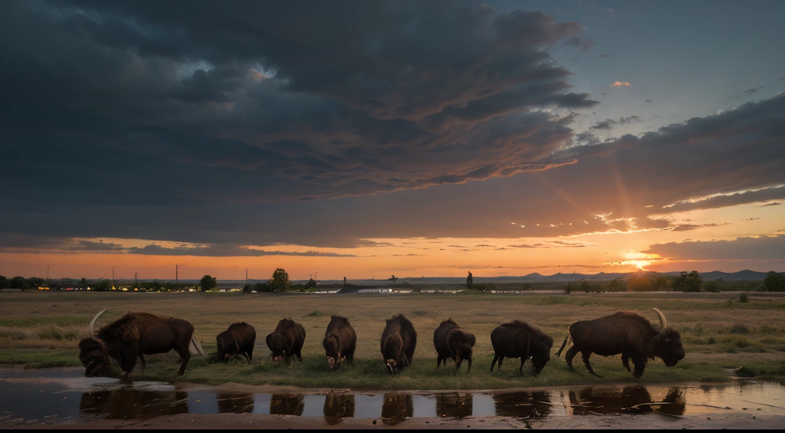 ((best quality)), ((masterpiece)), (detailed), ((American bison)) herd drinking at a river. open American west plains, ((glowing sunset sky)), sun behind clouds