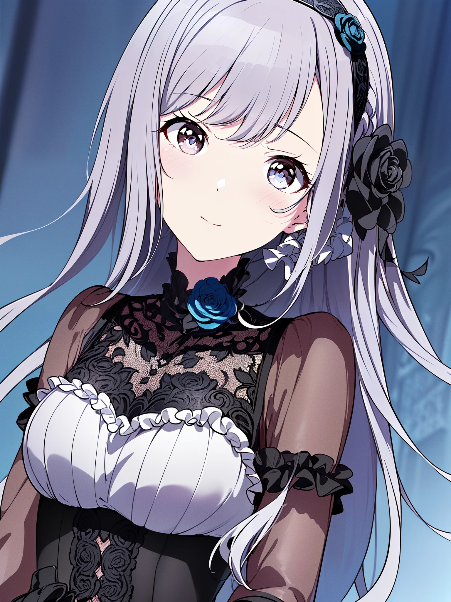 (masutepiece), (Best Quality), (Best Detail),Very detailed face, (((Anime girl with silver hair and light blue eyes)))， anime moe art style, Anime visuals of cute girls,anime style 4 k,Slender and cute girl, Beautiful anime girl, clean detailed anime art, Cute anime girl， high detailed official artwork，((high-level image quality，hightquality，Every detail，Well equipped，8K，ultra-detailliert，​masterpiece，masuter piece))，(((1girl in，独奏)))，(((Black Lace Headband)))，((hair is braided short))，((Keep your mouth shut))，(((Very delicate and beautiful silver hair)))，(((Beautiful and clear light blue eyes down to every detail，Beautiful light blue eyes，Super detailed cute face)))，teak，A slight smil，(((The most beautiful girl in the world，Super cute girl)))，(((16-year-old girl)))，(anime illustrated)，(((highly detailed black wedding dress，long gloves of black color，Detailed black pantyhose，Black High Heels)))，((Lace pattern on the chest of the dress))，Black Rose，(((Highly detailed silver hair，super detailed super long hair，Super Long Silver Hair)))，(((highly detailed light blue eyes)))，a girl is standing，teak，((A slight smil，ssmile))，take a photo of a girl，(((highly detailed light blue eyes)))，Gothic costume，(((Super simple background)))