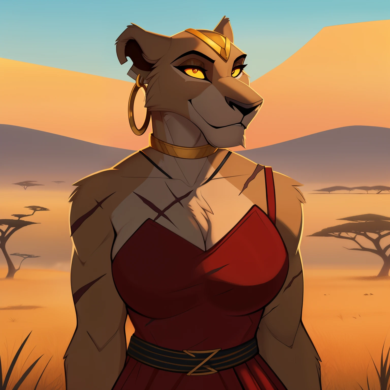 Tall_muscular_lion female scars red_irises yellow_sclera hazy_sky savanna solo Masterpiece best_quality absurdres highly_detailed cleanly_drawn_eyes anthro_only by_claweddrip, by_greasymojo, by_underscore-b, by_runawaystride circlet bracers gorget neck_hoops hoop_earrings medieval_gown