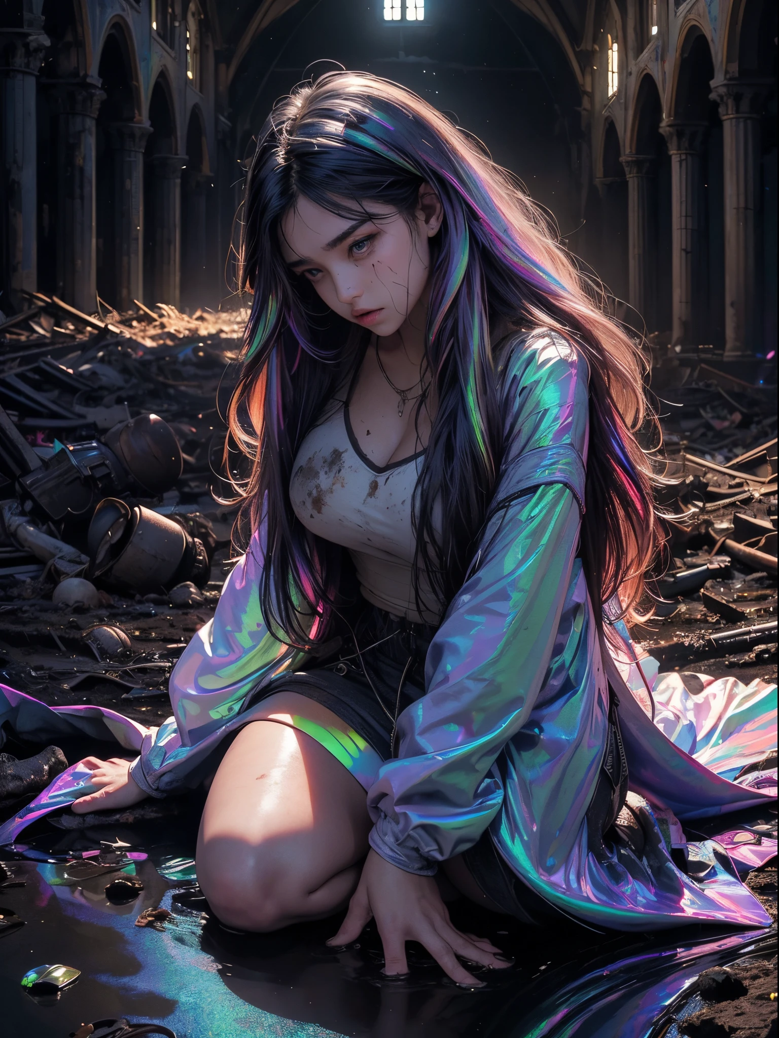 A girl in profile kneeling praying with her head down, (((long hair, dirty hair, dirty face, dirty clothes))), in a puddle of dirty water, inside a destroyed church, medium breasts, thick legs, big ass, full body, {extremely detailed 16k CG unit wallpaper}, expansive landscape photography, (a low view with focus on character and setting), (wide open field view), (low angle shot), (high light: 1.2), (low light: 1.8), (warm light source: 1.2), complex details, (iridescent colors: 1.5), (bright lighting), (atmospheric lighting), dreamy, unique,