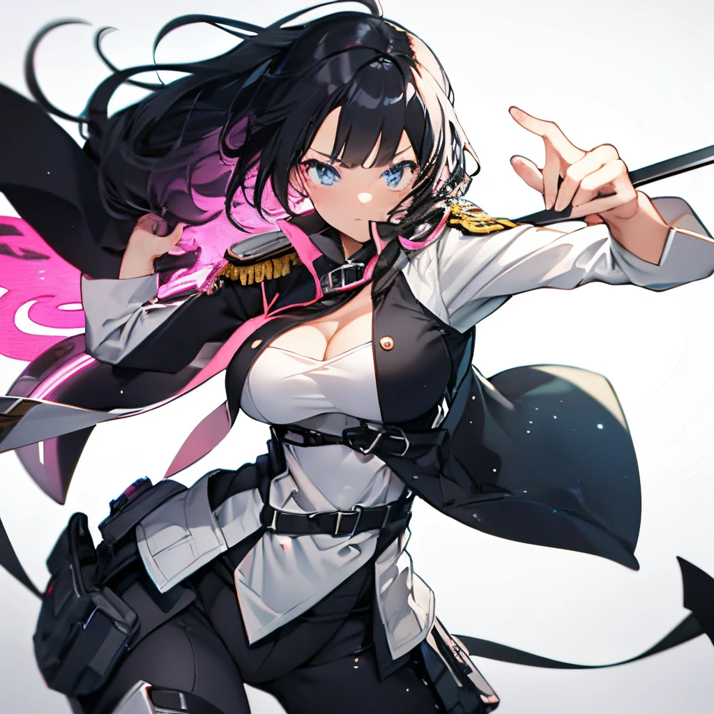 (masutepiece:1.2, Best Quality), 1 girl in, Blue eyes, jet-black hair, Pink inner hair, blue military uniform,(Gray white background),Full body,Big Breast,Sword,