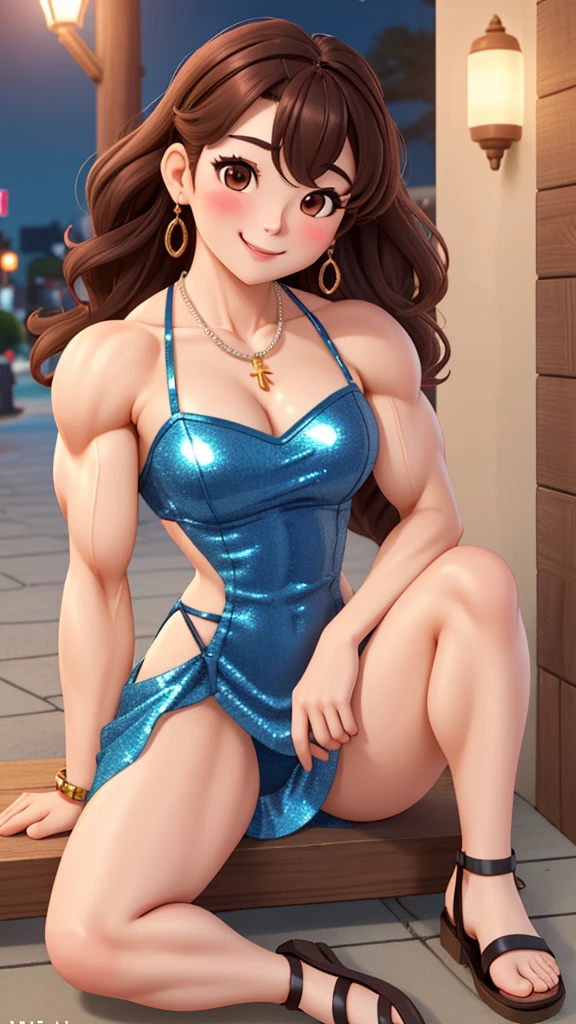 attractive korean woman, ripped muscle, muscular body, small breast, pale skin, smile(blush), sequin dress, sandals, thin chain necklace, sixpack abs, [ultra detailed skin:1.2], brown hair, wavy hair, 8k uhd, full body, crowd, public, night, sitting, spread legs, Slightmuscle,