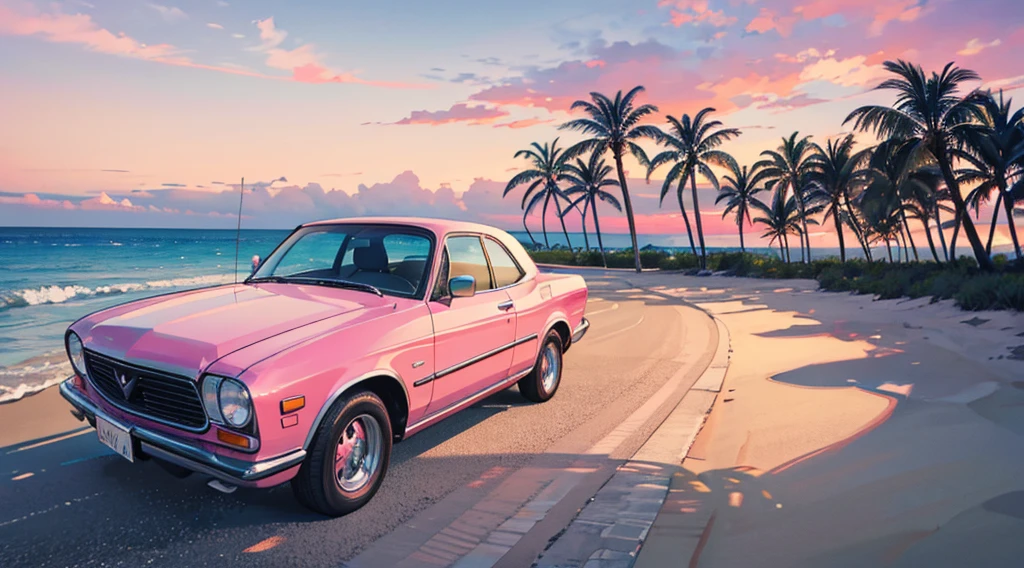 blue sand beach, pink sky, palm tree, classic car