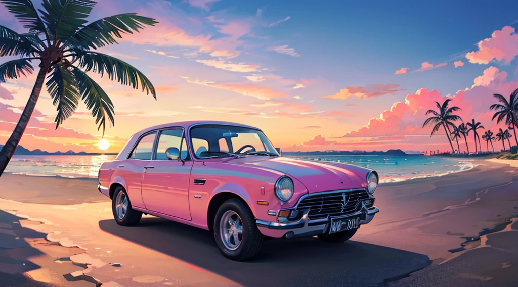 blue sand beach, pink sky, palm tree, classic car
