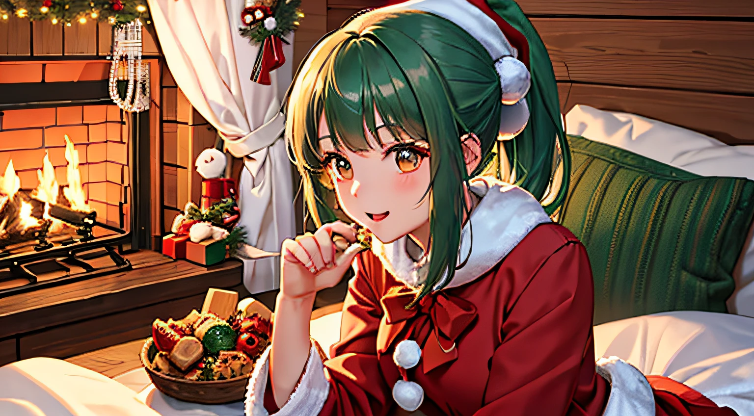 top-quality、​masterpiece、Super Detail、1girl in、with a ponytail、With bangs、eyes are brown、Green hair、small tits、Santa Claus hat、Long sleeve、Santa Claus clothes、velor fabric、knee-length velor skirt、red and white striped socks）、（Winters、Inside a log cabin、fireplace、Christmas Dinner）、Christmas tree、a lot of、A tiny、Christmas present、Stuffed reindeer、Christmas Wreath、christmas decorated interior、