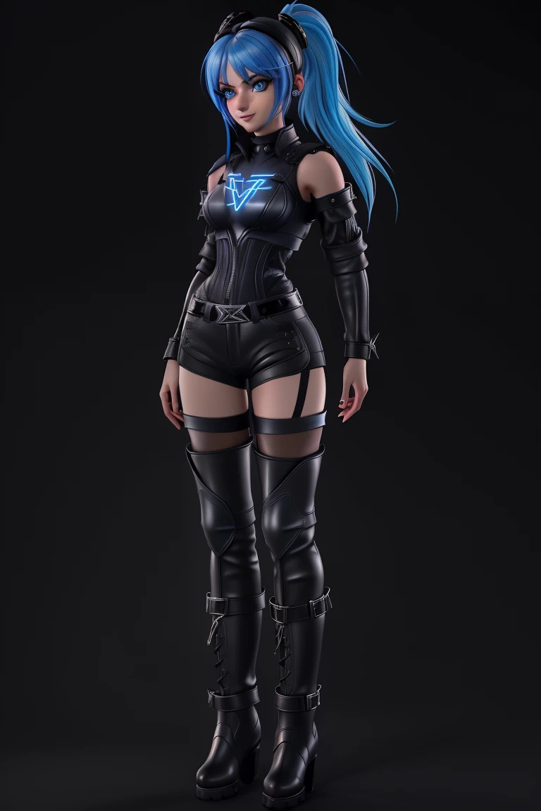 beautiful 1girl, full body, short bright blue neon streaked dishevelled hair, thin body, medium breasts, (detailed eyes:1.3), ((seductive pose:0.5)), shy smile, black eyeshadow, (street style wear:1.2), ((tight fitted short pants)), ((thigh high leather boots:1.3)), (dark city night black background:1.4), dark makeup, digital art, highly detailed, fine detail, intricate, beautiful detailed glow, detailed, Cinematic light, high-res, detailed facial features, sharp focus, smooth, aesthetic,