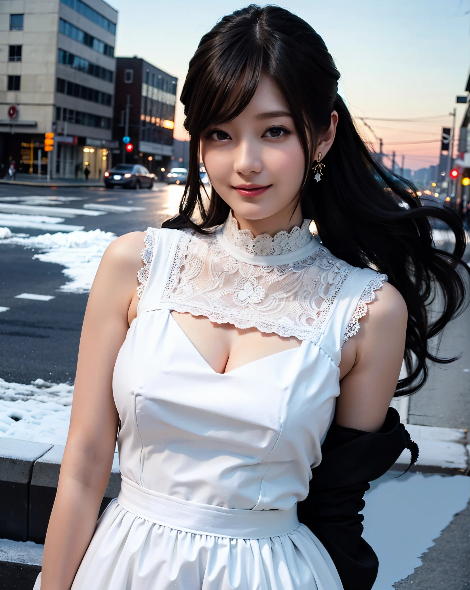 a woman posing on the street corner with white dress on, best quality, high res, 8k, 1girl, (huge breasts), day, bright, outdoor, (street:0.8), (people, crowds:1), (lace-trimmed dress:1.5, white clothes:1.5, white high-neck dress:1.5, sleeveless dress, white dress: 1.5), gorgeous, (wavey hair,black hair:1.5), beautiful detailed sky, beautiful earrings, (dynamic pose:0.8), (upper body:1.2), soft lighting, wind, shiny skin, looking at viewer, smile, (closed mouth:1.5),