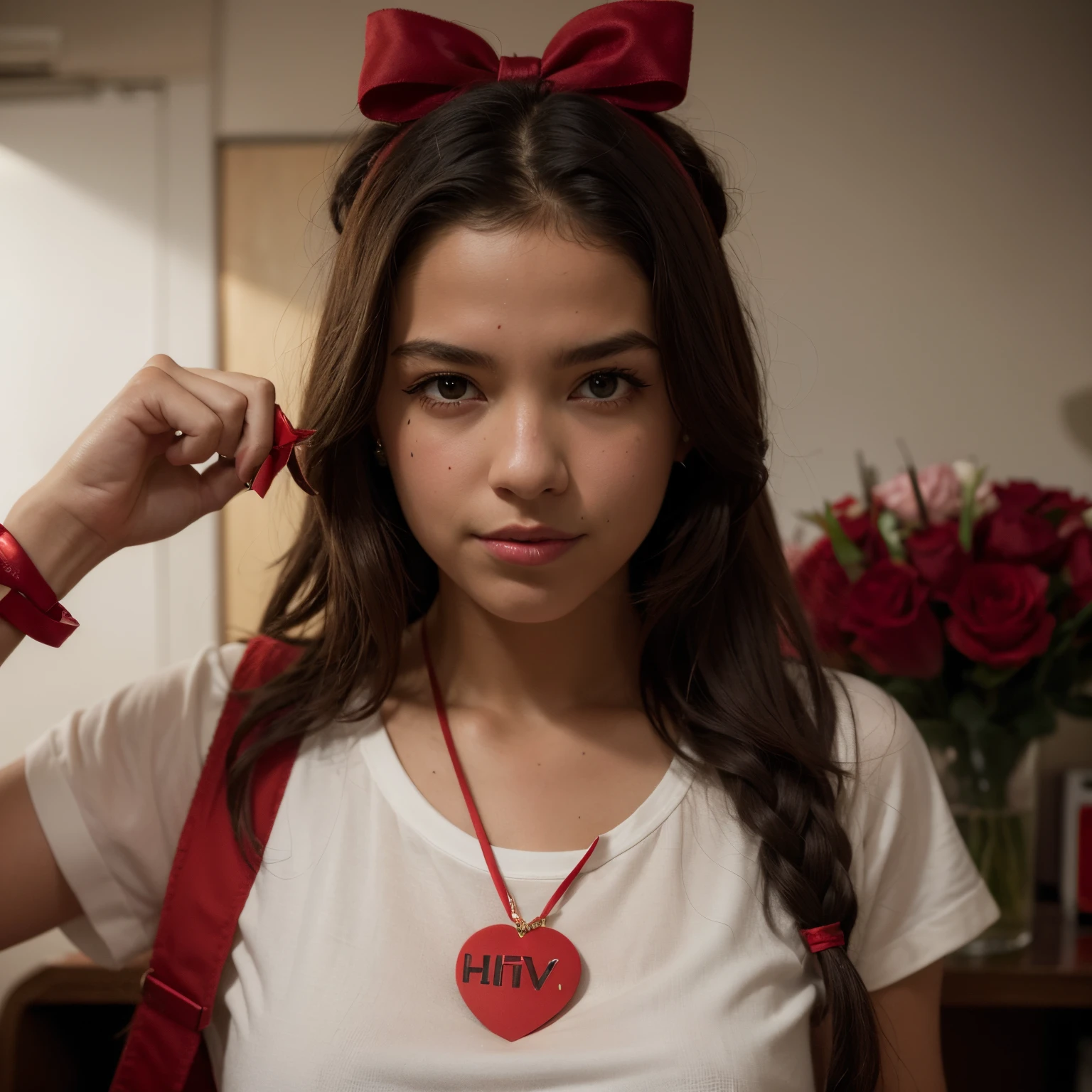 there is a woman with a red bow tie and a red necklace, isabela moner, soft devil queen madison beer, a red bow in her hair, red bow in hair, arian mark, madison beer girl portrait, promotional still, high quality film still, still from a live action movie, promo still, taken with canon eos 5 d mark HIV