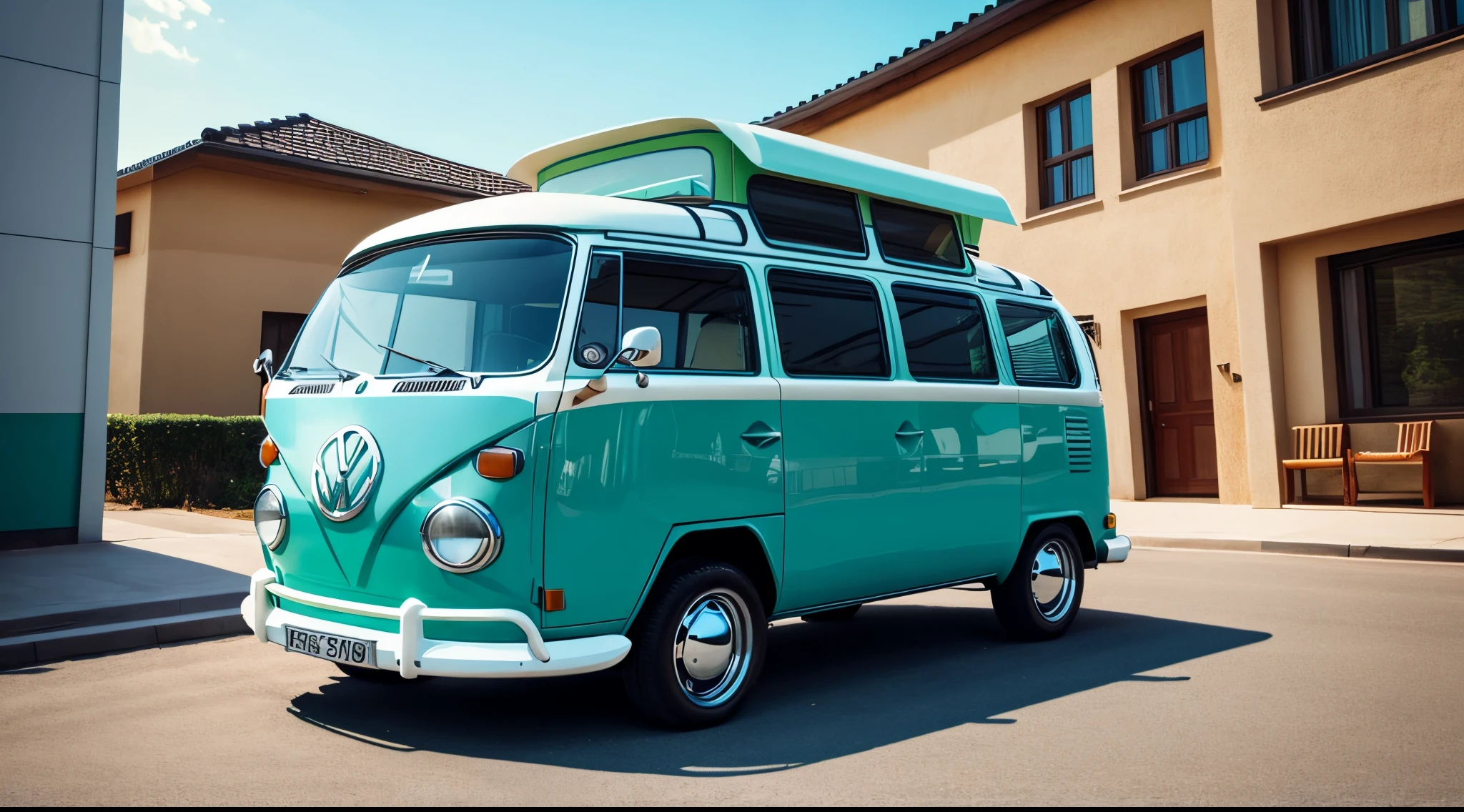 A turquoise and green VW bus parked outside