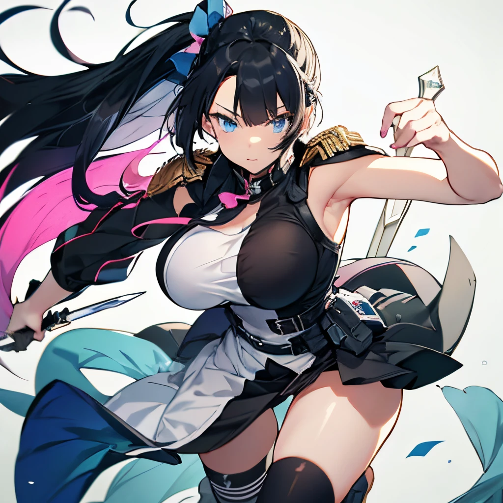 (masutepiece:1.2, Best Quality), 1 girl in, Blue eyes, jet-black hair, Pink inner hair, blue military uniform,(Gray white background),Full body,Big Breast,Sword,