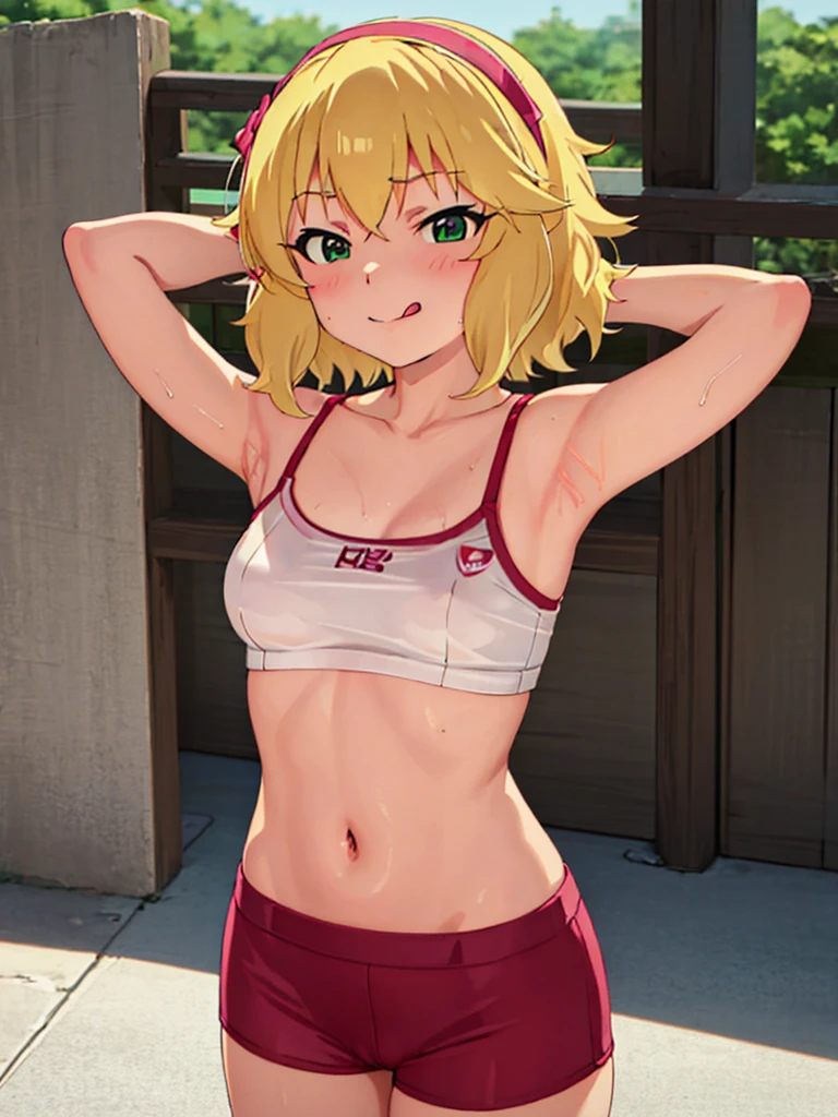 masterpiece, best quality, highres, Sakurai Momoka, 1girl, solo, busty, flat chest, blond hair, bob hair, sport bra, looking at viewer, full body, standing, simple background, (erotic pose:1.4), blush, flustered, (panties exposed:1.3), ((arms behind head, double armpits, standing)), Half body, upper body, In the middle, symmetrical, licking lips