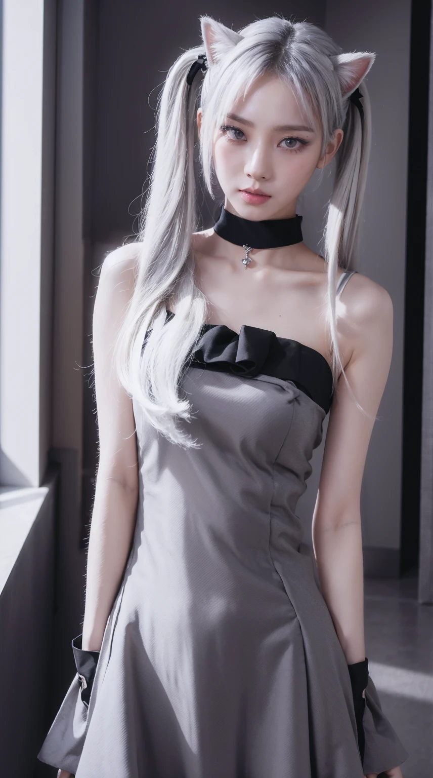 (Masterpiece, Best Quality, High Resolution: 1.2), 1 Girl, Solo, Twin Tails, Grey Eyes, Upper Body, Dress, Silver Hair, Cat Ears