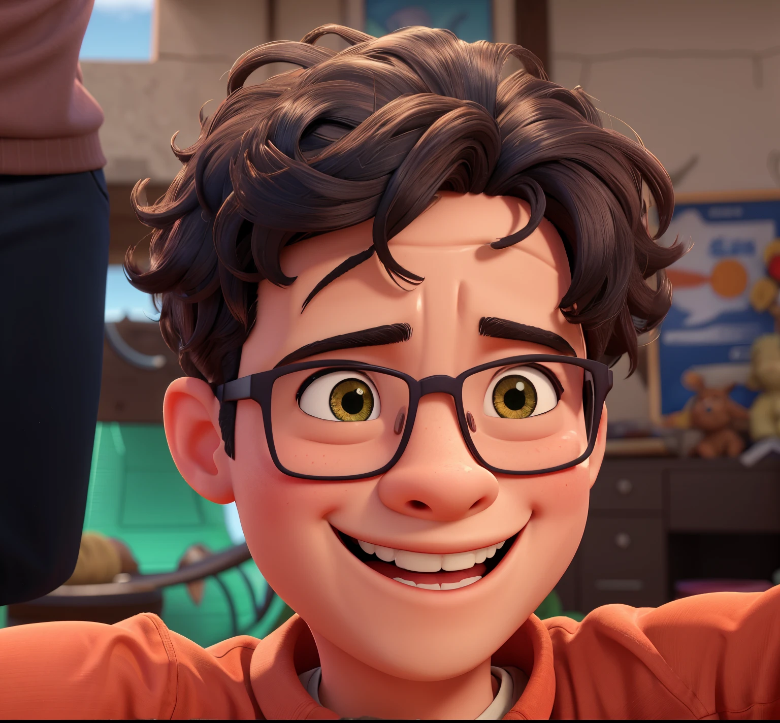 There's a boy in glasses and a red shirt, Riyahd Cassiem, foto de perfil, Reyyan, Mohamed Chahin, Vastayan, foto de perfil 1024px, muito ligeiramente sorridente, Where is the, sorriso inocente, imagem de qualidade muito baixa, com um lindo sorriso, uma imagem, imagem do avatar, cabrito, with a happy expression