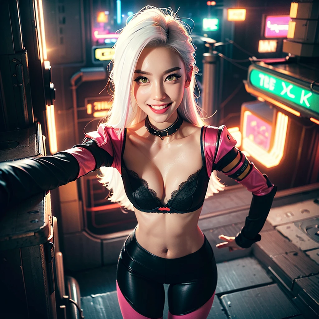 Pretty, Woman, Sexy face, Yellow eyes, White hair, Slim body, sexy smile, Sexy Pose (breast), Pink tights, mechs, Neon sign, Led Night City, Seen from above, High quality, Realistic, Beautiful light, full detail, Black background