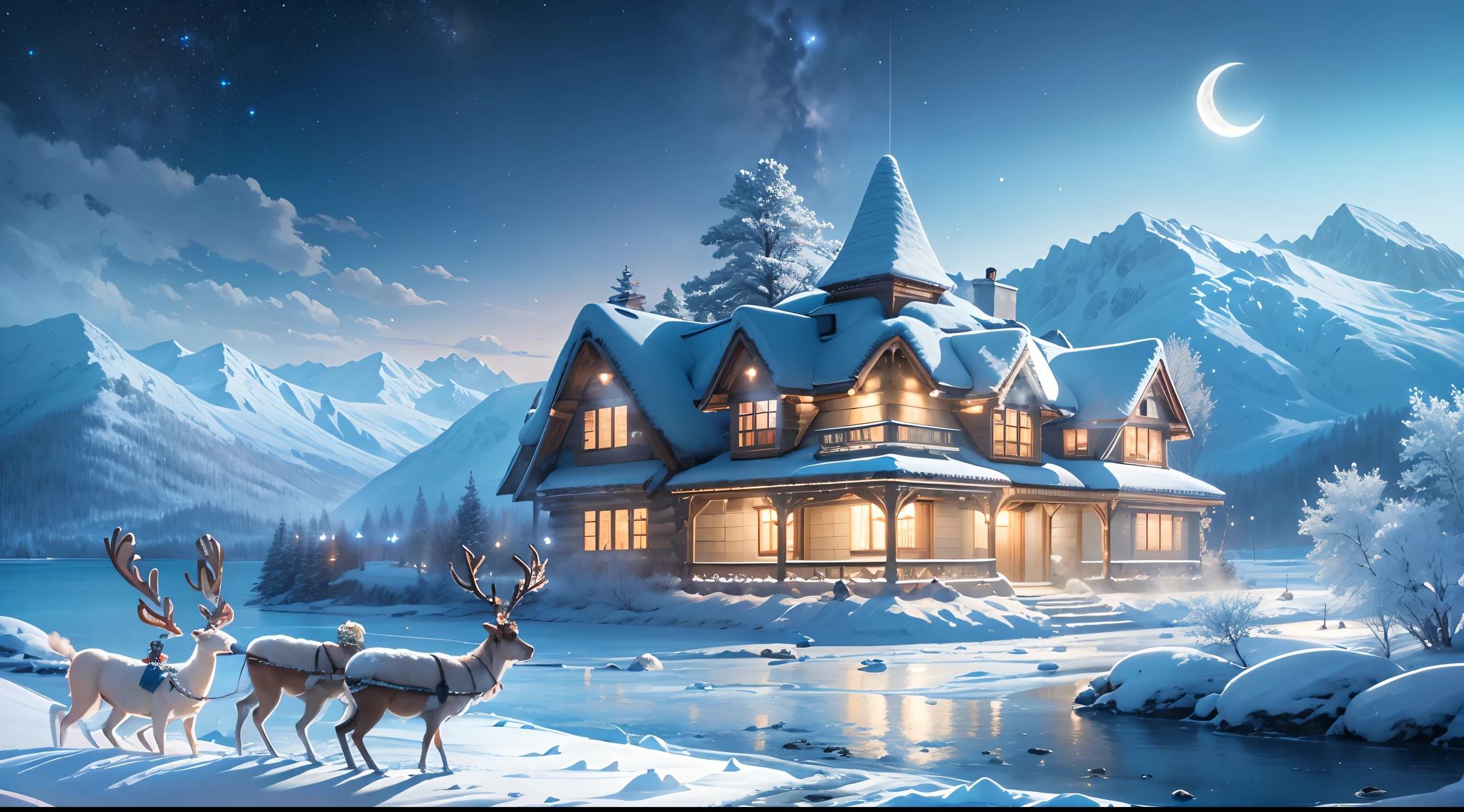 best quality,A high resolution,(master part:1.2),a noite,luz extrema,altas montanhas nevadas,casa de campo coberta de neve,rena,sled,Lua nova,estrelas brilhantes, Lago Congelado。vasto,breathtaking landscapes。