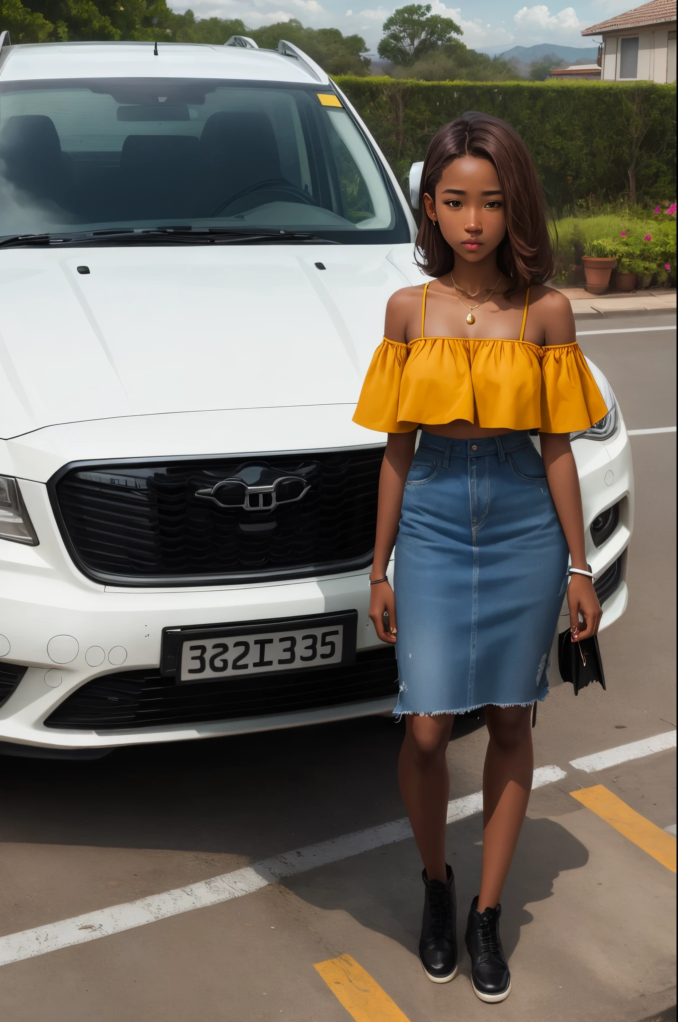 brownskin girl with brown shoulder length brown hair standing on a car