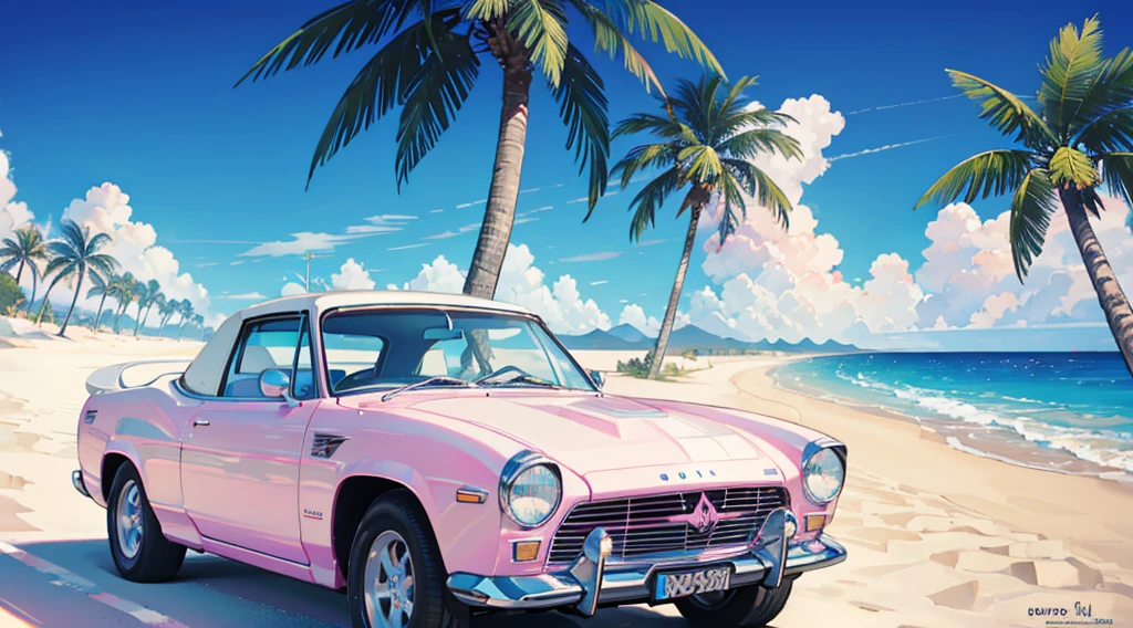 sand beach, pink and blue sky, palm tree, white classic car