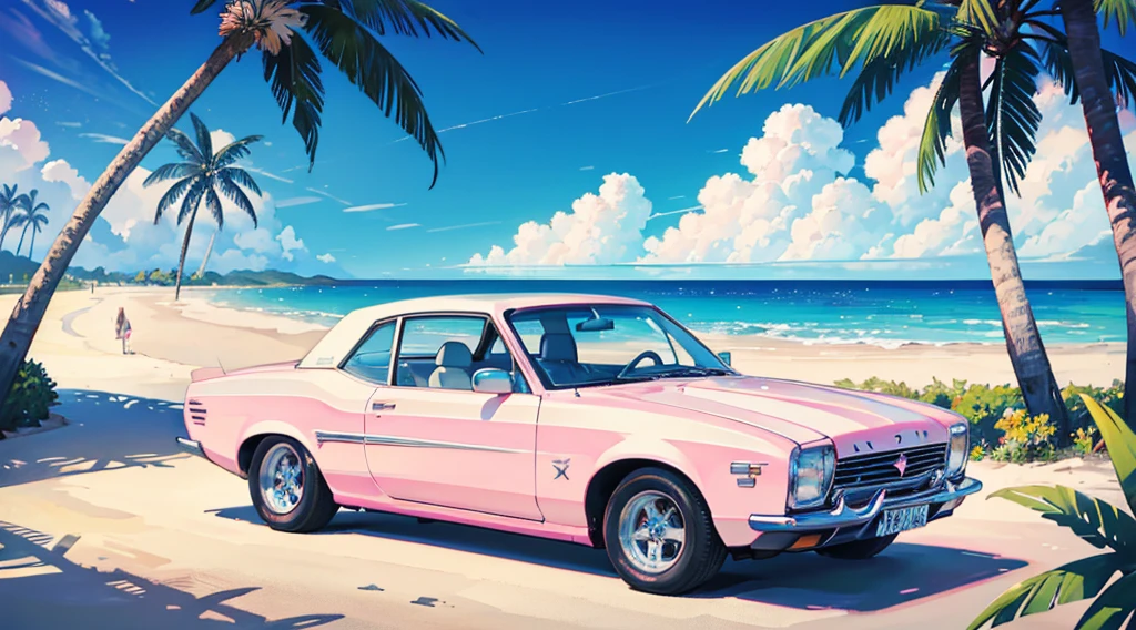 sand beach, pink and blue sky, palm tree, white classic car