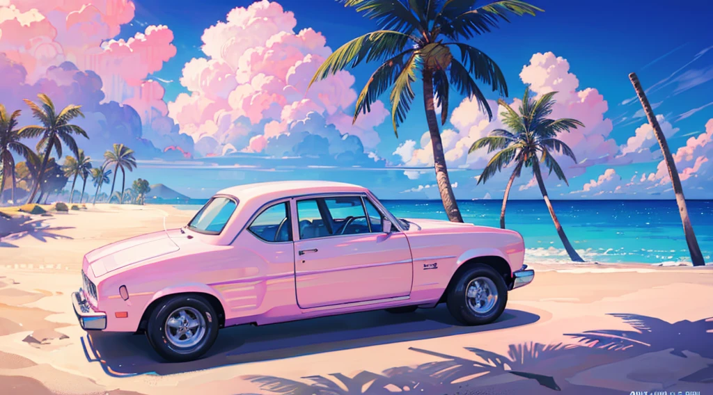 sand beach, pink and blue sky, palm tree, white classic car