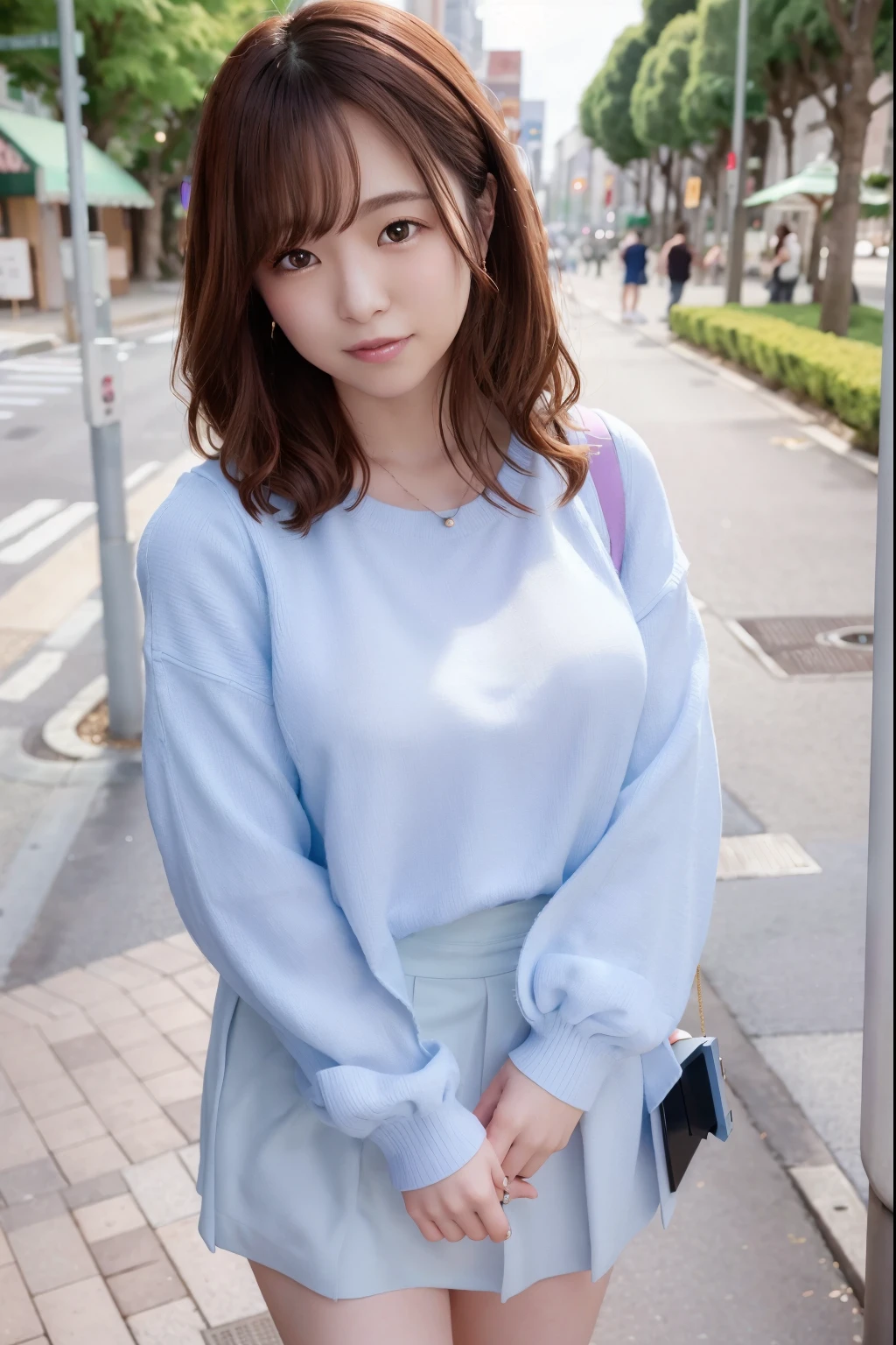 (Skin scars: 1.2), (Skin dents), Black eyes, 1 woman, 22 years old, (Female))), Solo, Realistic, Best Quality, Photorealistic, Masterpiece, 8K, High Resolution, Solo, Highly Detailed Face, (Professional Lighting, Bokeh), (Light Particles, Lens Flare, Luminous Particles: 0.6), (Dynamic Pose: 1.2), Soft Lighting, Angle View from Above Fashionable and trendy atmosphere, Japan, street, Tokyo, city, ((daytime)), sky, ((viewer's point of view: 1)), (camera perspective), (portrait: 0.6), cowboy shot, cute, nice, adorable, gorgeous, standing figure, keep original facial proportions, wide shoulders, full body, (explosive chest), (medium hair), brown hair, floating hair, lips, lipstick, seductive smile(Floating hair, smile, open mouth, teeth, (pale blue blouse without sleeves), (jumper skirt), eyelashes, moles, (moles under the eyes: 1),