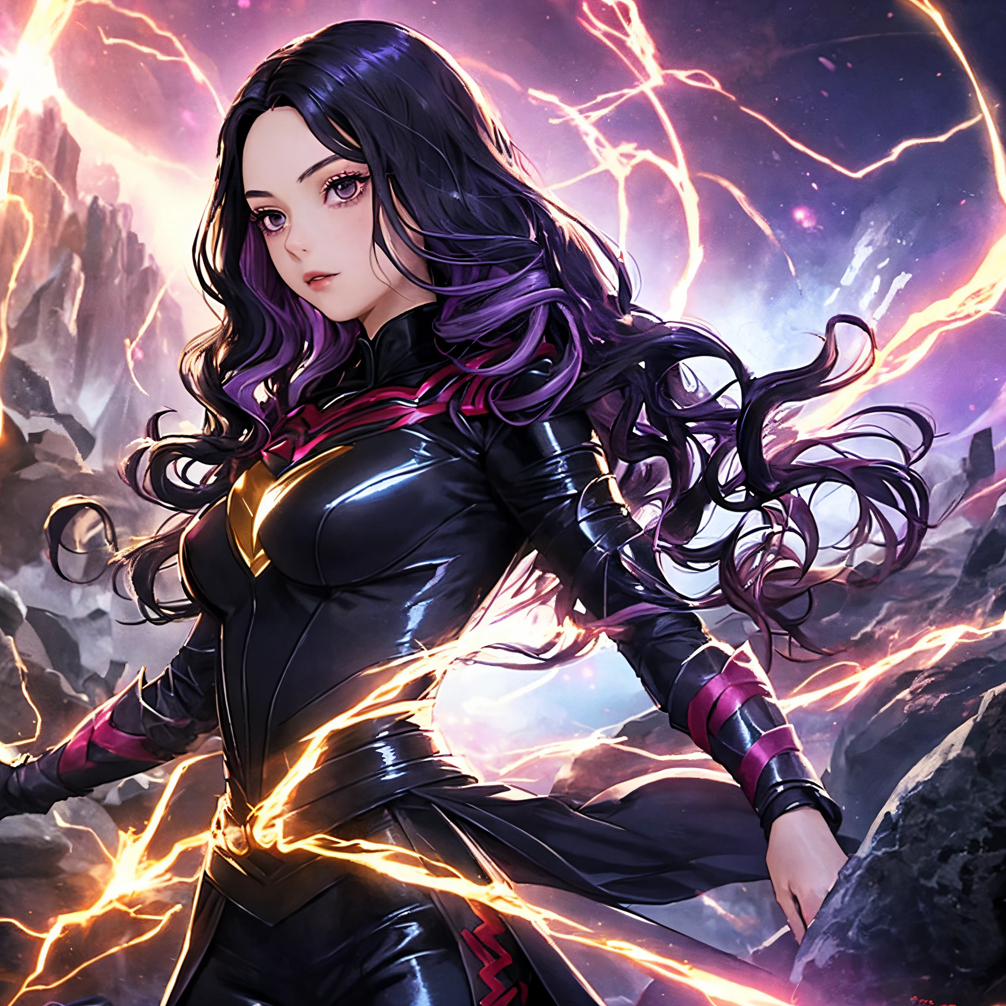 girl with long, wavy black hair with purple highlights, black eyes, wearing shiny black clothes, with superpower from the power stone, similar to Wanda Maximoff