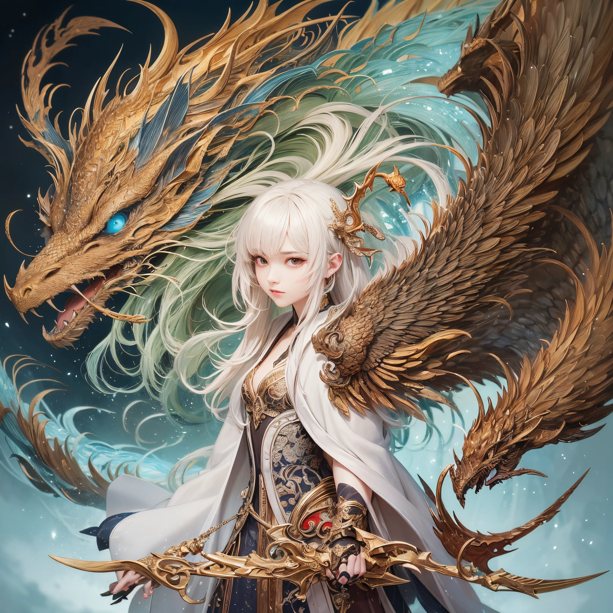 Close-up of a person with a sword and a dragon, a picture by Yang J, Pixiv Contest Winner, Fantasy Art, chinese fantasy, Korean mythology, G Liulian art style, flowing white robes, yiqiang and shurakrgt, anime epic artwork, anime fantasy illustration, traditional japanese concept art, beautiful male god of death --auto --s2