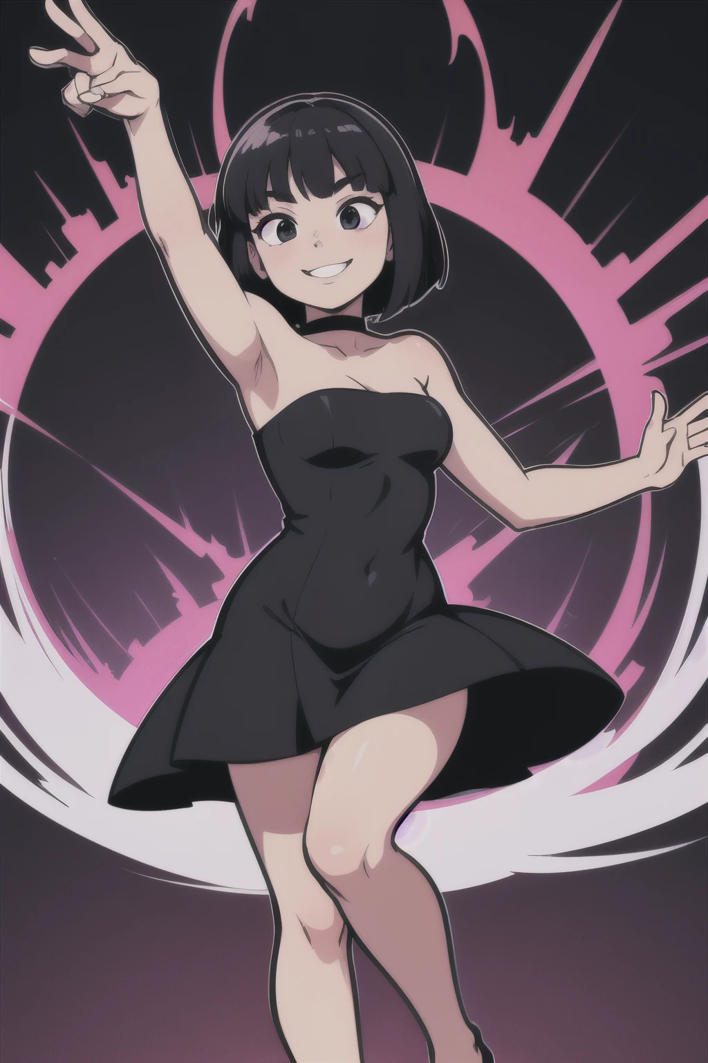1 girl, age, black hair, short black hair, medium hair, bob hair, black eyes, little black dress, strapless dress, short bodycon dress, skin-tight dress, smile, choker, fancy hotel, hands up, armpits, dancing, looking at you, lovely legs, sexy, ballroom background, disco and abstract lighting, masterpiece, high quality, flat colors, flat colors, cel shading, hard shadows, outlines, vector art.