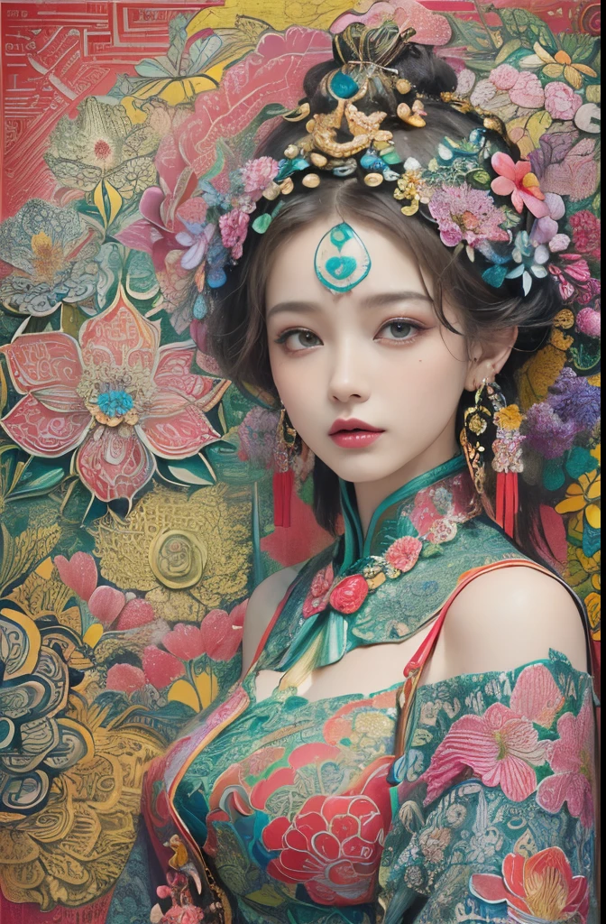 (masterpiece, top quality, best quality, official art, beautiful and aesthetic:1.2), (1girl:1.3), extremely detailed,(fractal art:1.1),(colorful:1.1)(flowers:1.3),highest detailed,(zentangle:1.2), (dynamic pose), (abstract background:1.3), (chinese Traditional cloth:1.2), (shiny skin), (many colors:1.4), ,(earrings:1.4),