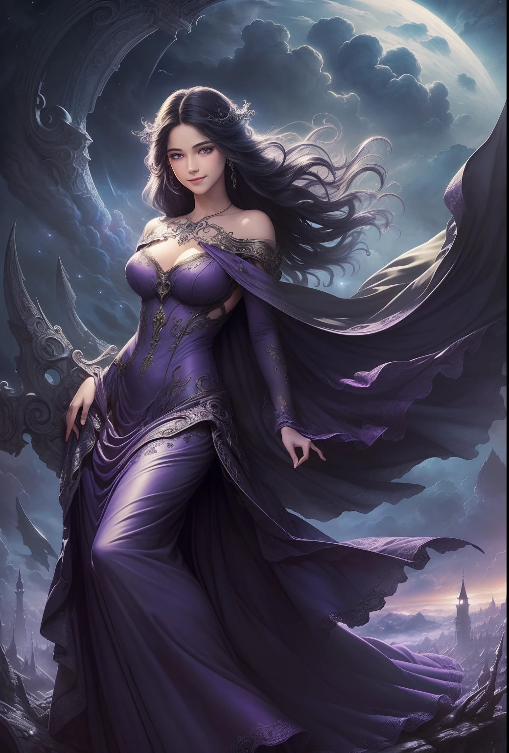 ((melhor qualidade)), ((master part)), (circunstanciado)), ethereal beauty, (Fantasy Illustration: 1.3), corpo inteiro,sorriso feliz, Olhando encantadoramente., Gestos bonitos., cabelo preto liso, Um lindo vestido roxo mostra seus ombros.. , Encanto extraterrestre, mysterious sky, (Luis Royo:1.2), noite de luar, cores suaves, (Nuvens de detalhes:1.3), (alta resolução:1.2)