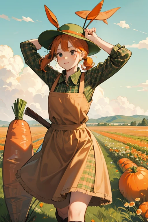 Carrot Cookie's appearance has some minor references to farmers' attire and scarecrows. She has orange carrot pigtails and has a tiny farmer's hat on her head. She wears an olive green tartan shirt with a brown smock and leather gloves and boots. She also carries a pitchfork