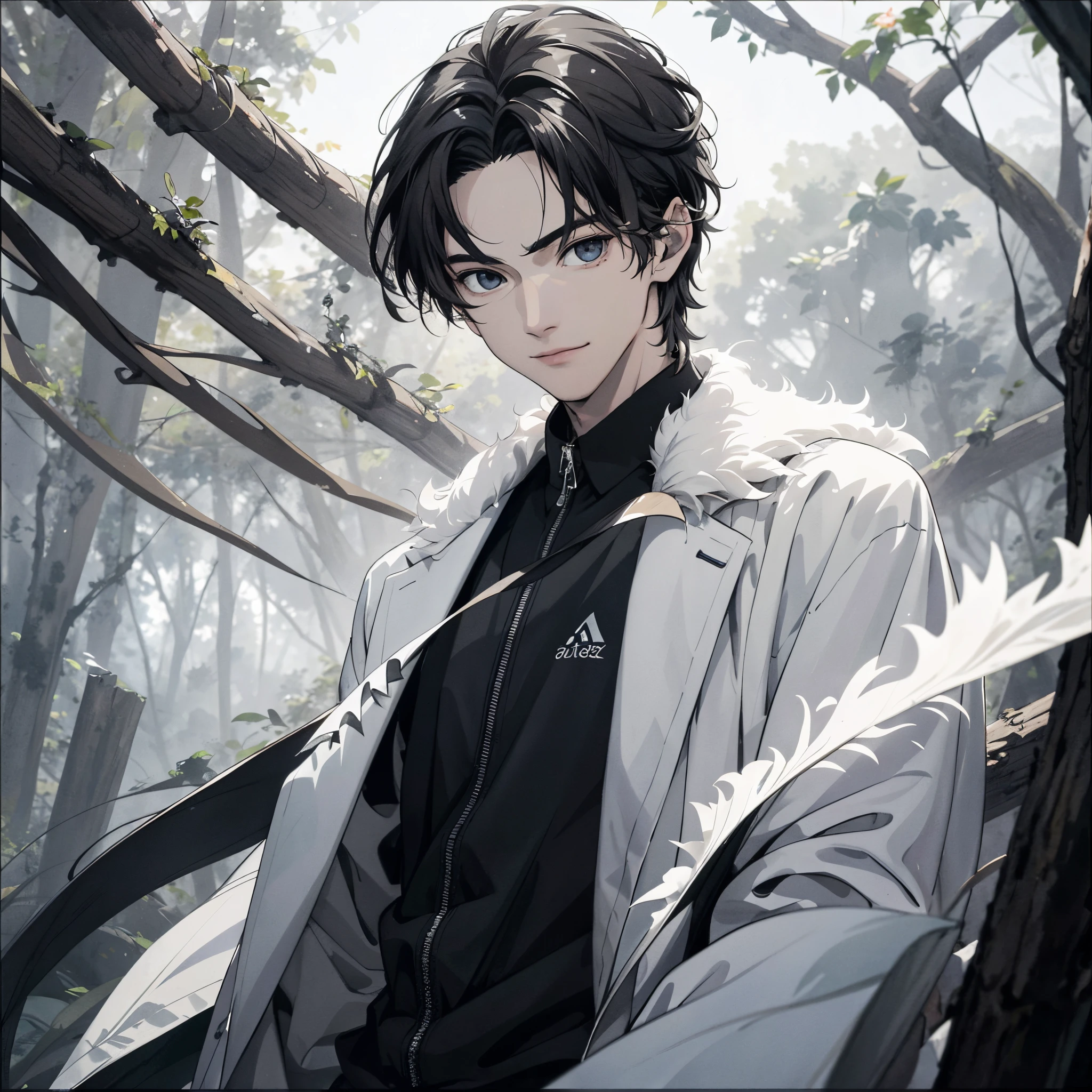 Absurd, High definition, Super detailed, Texture details, clear presentation, HD details, detail performance, Fine details, Clear face, Fix accurately, ((cabelos preto e longos))、long whitr hair、18-year-old man, Handsome, Tall,Soft smile、Slightly muscular,(Clear eyeballs), (1 person: 1.3), handpainted, Simple lines, (An 18-year-old man wearing a white Chinese suit), foggy forest、The upper part of the body,(Exocet suit 1.2)