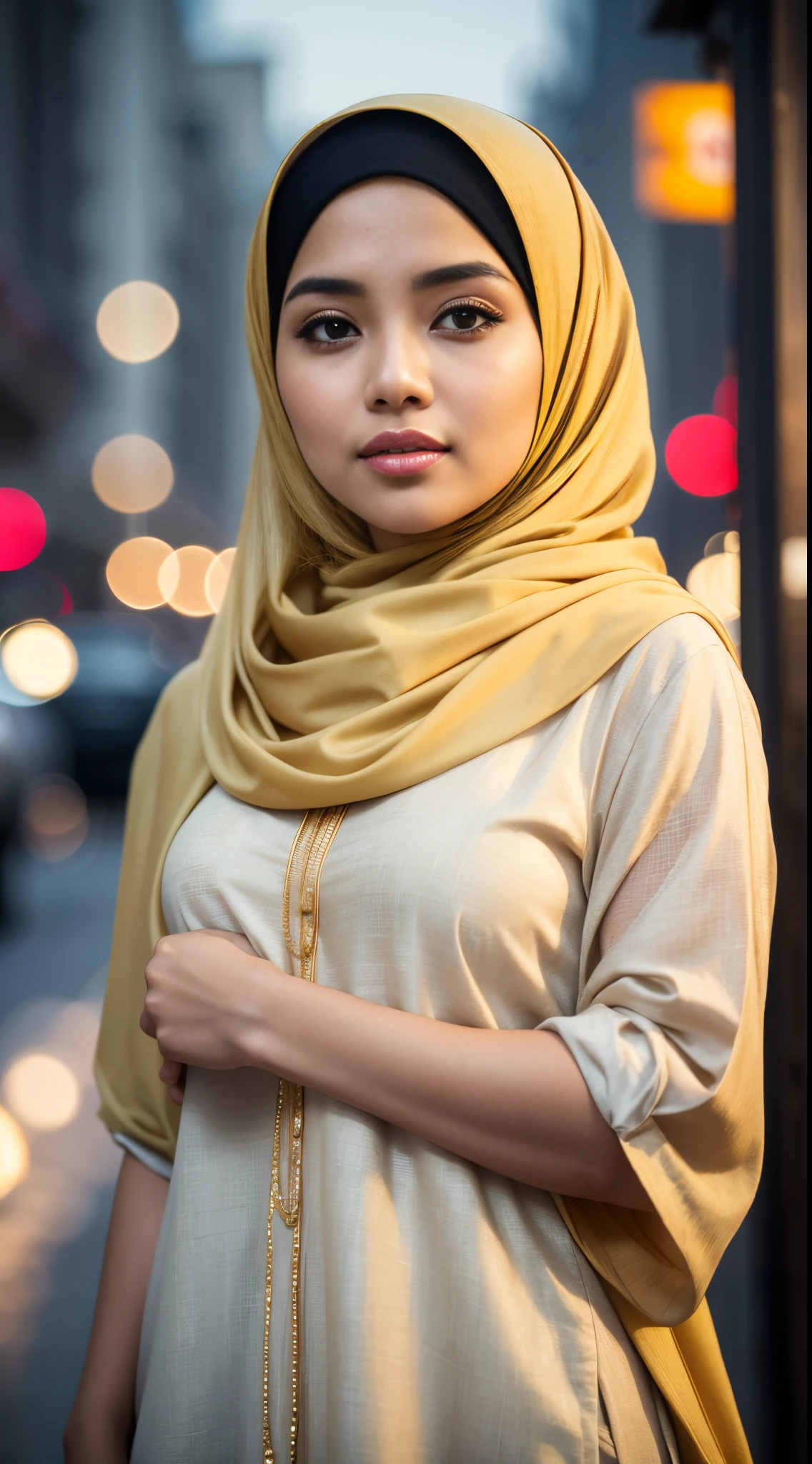 RAW, Best quality, high resolution, masterpiece: 1.3), beautiful Malay woman in hijab (iu:0.8),(((malay girl))), beutifull face, natural skin, wearing hot deep neck top and dupatta, charming black hair, ((hair ends are blonde)), city streets background, bokeh