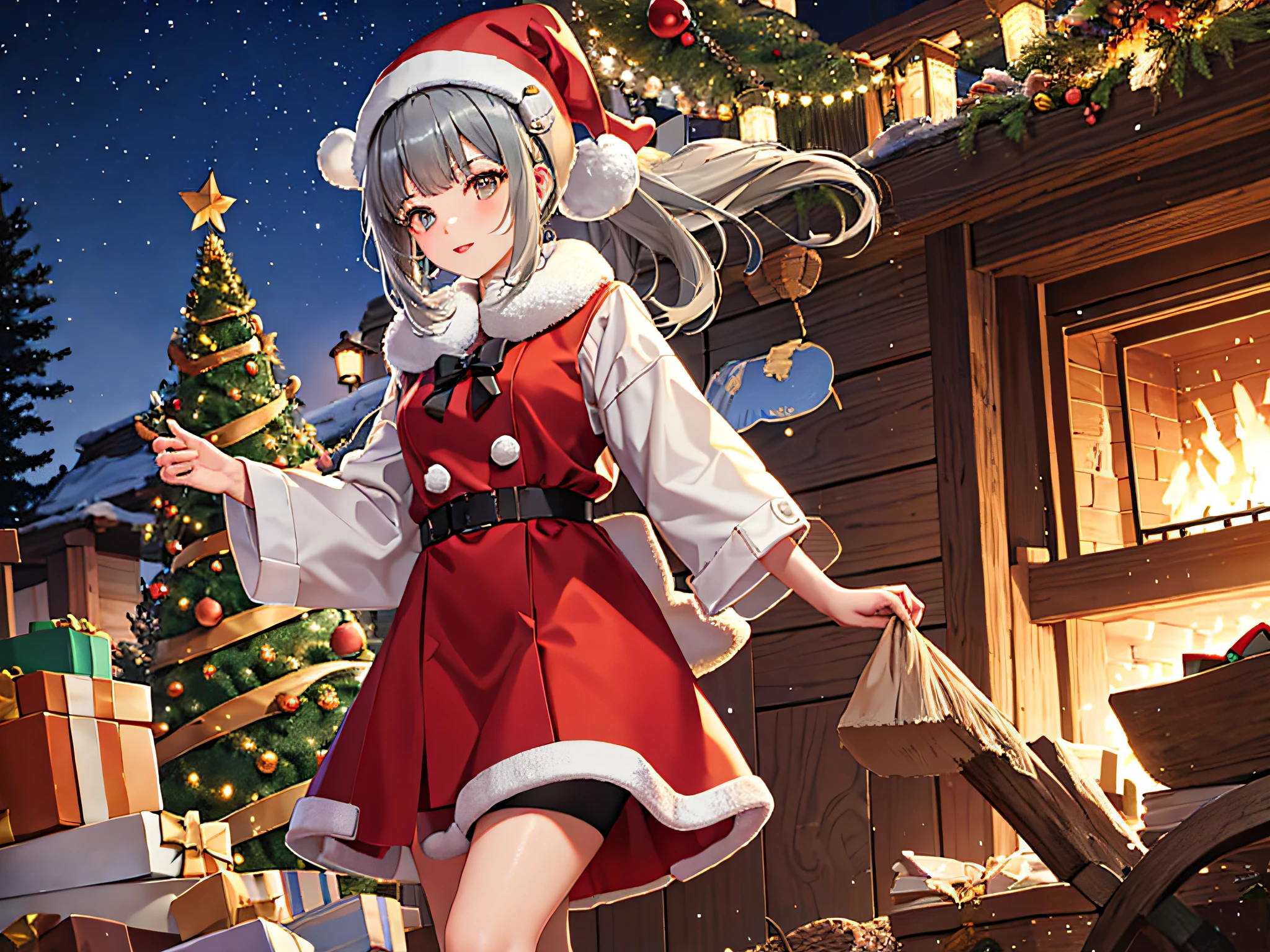 top-quality、​masterpiece、Super Detail、1girl in、独奏、（Ponytail, Bangs, Brown eyes, Bow, Hair Bow, Gray green hair)、（Winters、Inside a log cabin、fireplace、Christmas Dinner）、1girl in、small tits、（Santa Claus hat、Long sleeve、Santa Claus clothes、velor fabric、knee-length velor skirt、Red Pumps）、Christmas tree、a lot of、A tiny、Christmas present、