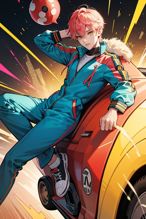 Gumball Cookie has medium-dark skin and vibrant yellow eyes, often making a cheeky expression. He wears a zippered bright blue jumpsuit with the sleeves rolled up, along with a helmet with two saturated yellow stripes down the middle. He has untamed spiky pink hair, though only some of it can be seen peeking out due to his helmet. He has a red gumball cannon strapped across his back.