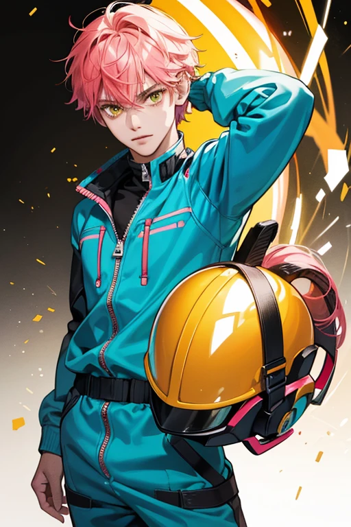 Gumball Cookie has medium-dark skin and vibrant yellow eyes, often making a cheeky expression. He wears a zippered bright blue jumpsuit with the sleeves rolled up, along with a helmet with two saturated yellow stripes down the middle. He has untamed spiky pink hair, though only some of it can be seen peeking out due to his helmet. He has a red gumball cannon strapped across his back.