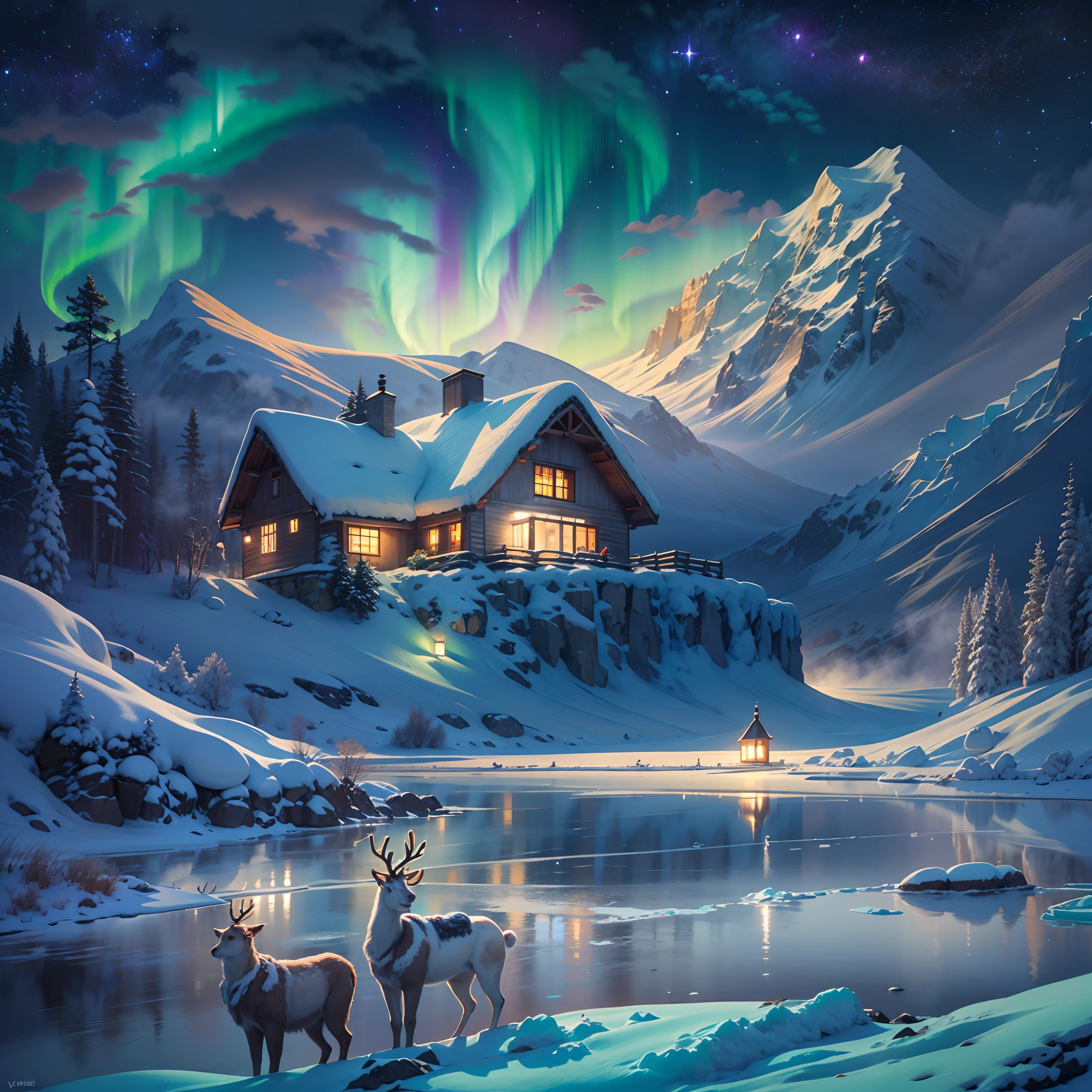 best quality,A high resolution,(master part:1.2),ultra-detalhado,aurora boreal, Montanhas imponentes cobertas de neve, casa de campo coberta de neve,A snowy getaway, rena,Yukito,sled,winter wonderland,cores vibrantes, nuvem,nevoeiro,Themoon,galaxias, breathtaking landscapes, penhascos gelados, Lago Congelado, peacful, beleza majestosa, Noite estrelada, ethereal glow, Um milagre da natureza, Peaceful solitude, Maravilhas Celestiais, vasto, Natural phenomena, noite silenciosa, serene reflection, estrelas brilhantes, Charme misterioso